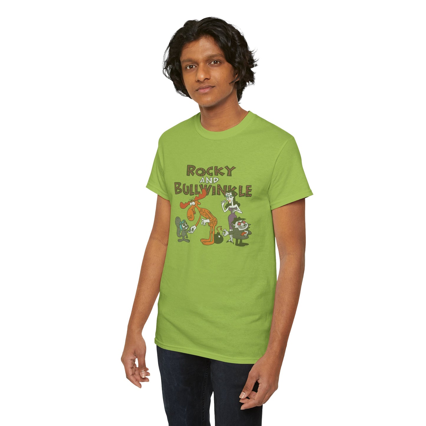 Rocky and Bullwinkle Unisex Heavy Cotton Tee, Retro Tee, Cartoon T-Shirt, Gift for Fans, Casual Wear, Unique Graphic Shirt