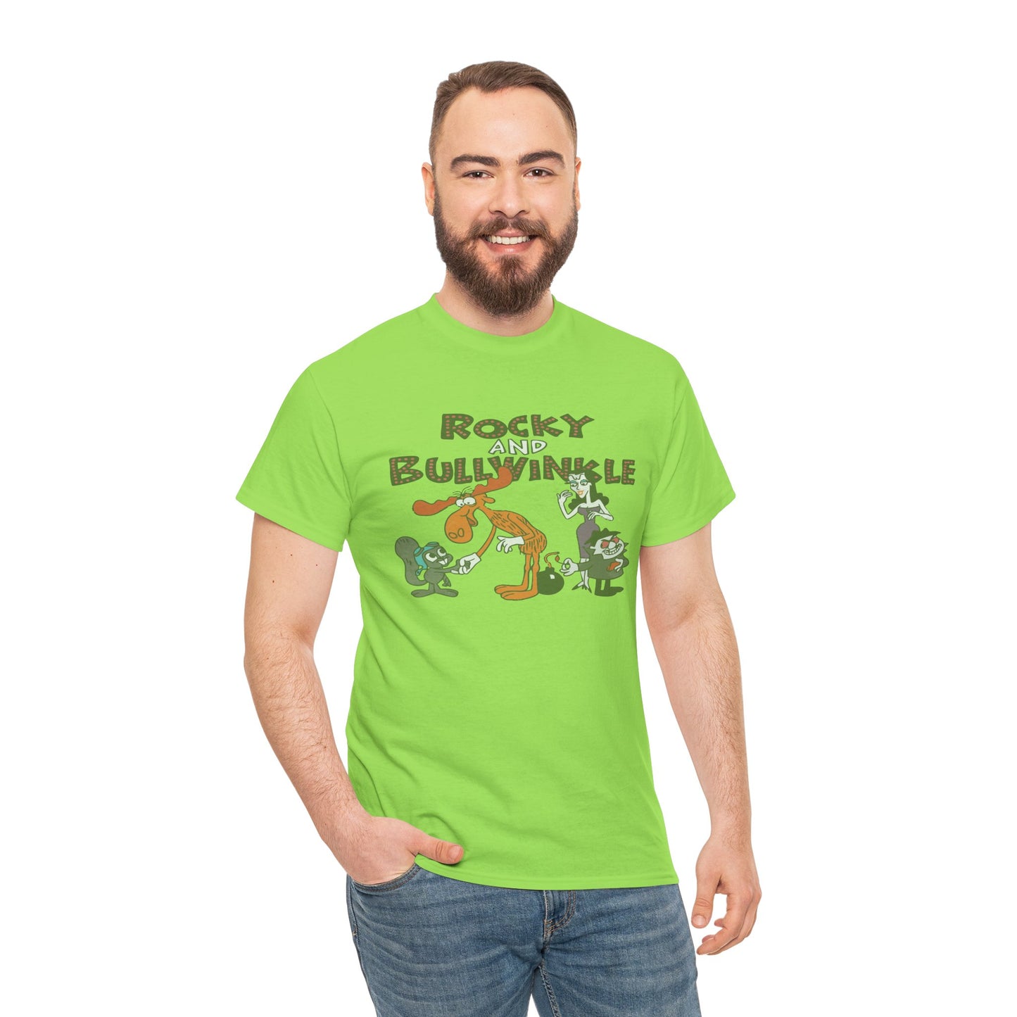 Rocky and Bullwinkle Unisex Heavy Cotton Tee, Retro Tee, Cartoon T-Shirt, Gift for Fans, Casual Wear, Unique Graphic Shirt