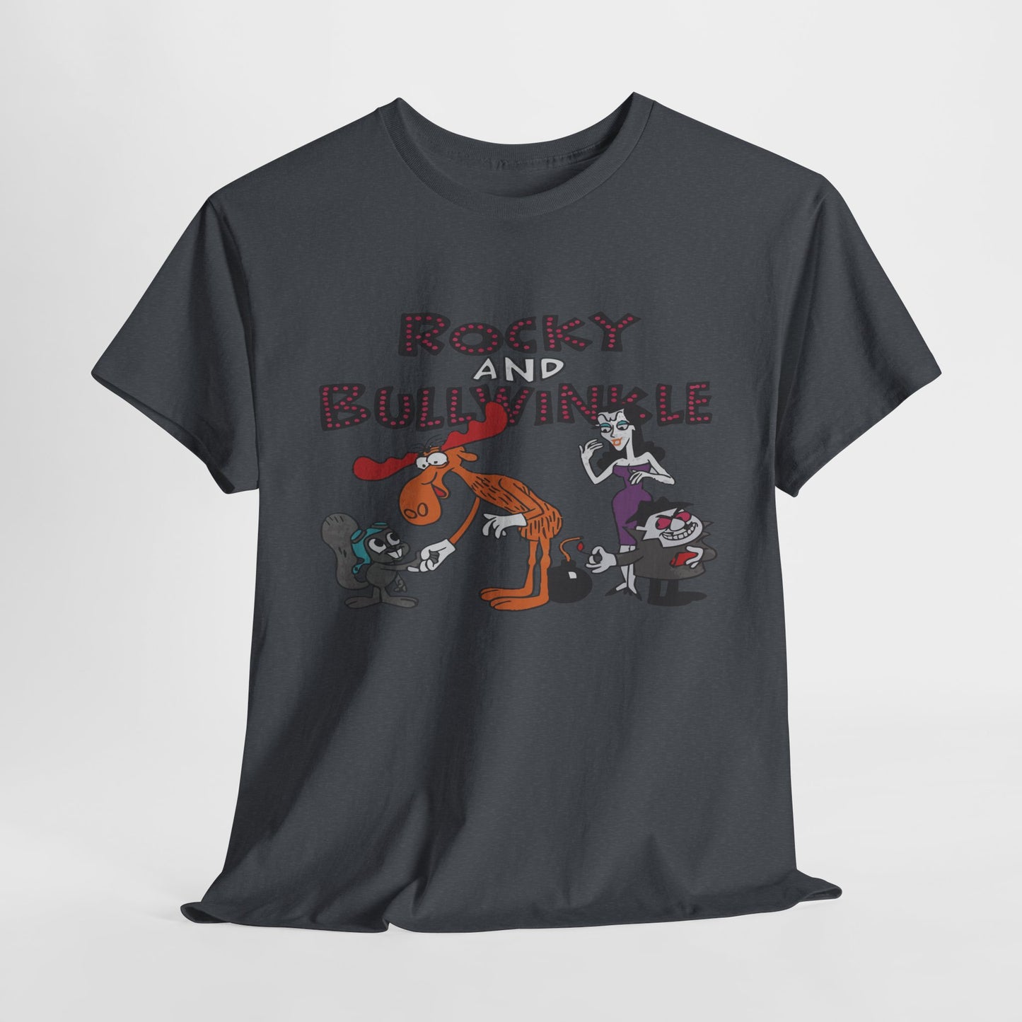 Rocky and Bullwinkle Unisex Heavy Cotton Tee, Retro Tee, Cartoon T-Shirt, Gift for Fans, Casual Wear, Unique Graphic Shirt