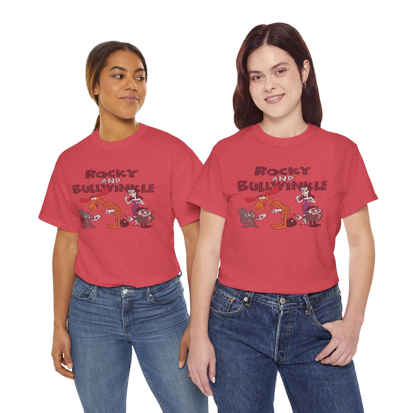Rocky and Bullwinkle Unisex Heavy Cotton Tee, Retro Tee, Cartoon T-Shirt, Gift for Fans, Casual Wear, Unique Graphic Shirt