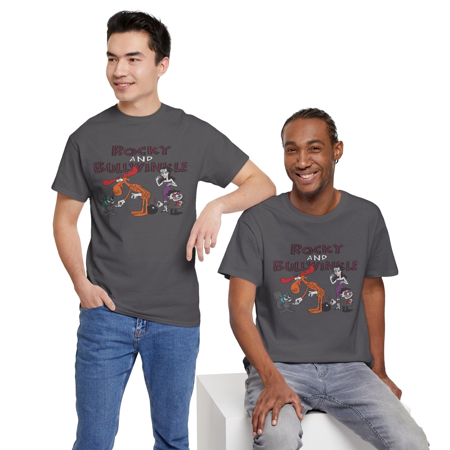 Rocky and Bullwinkle Unisex Heavy Cotton Tee, Retro Tee, Cartoon T-Shirt, Gift for Fans, Casual Wear, Unique Graphic Shirt