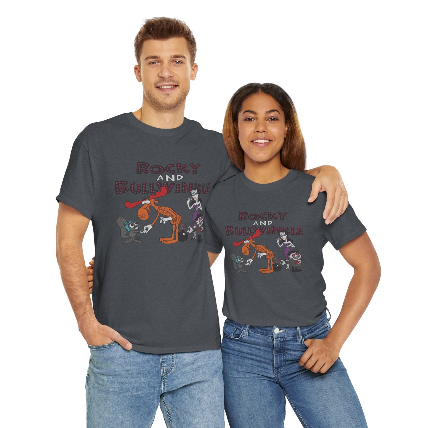 Rocky and Bullwinkle Unisex Heavy Cotton Tee, Retro Tee, Cartoon T-Shirt, Gift for Fans, Casual Wear, Unique Graphic Shirt