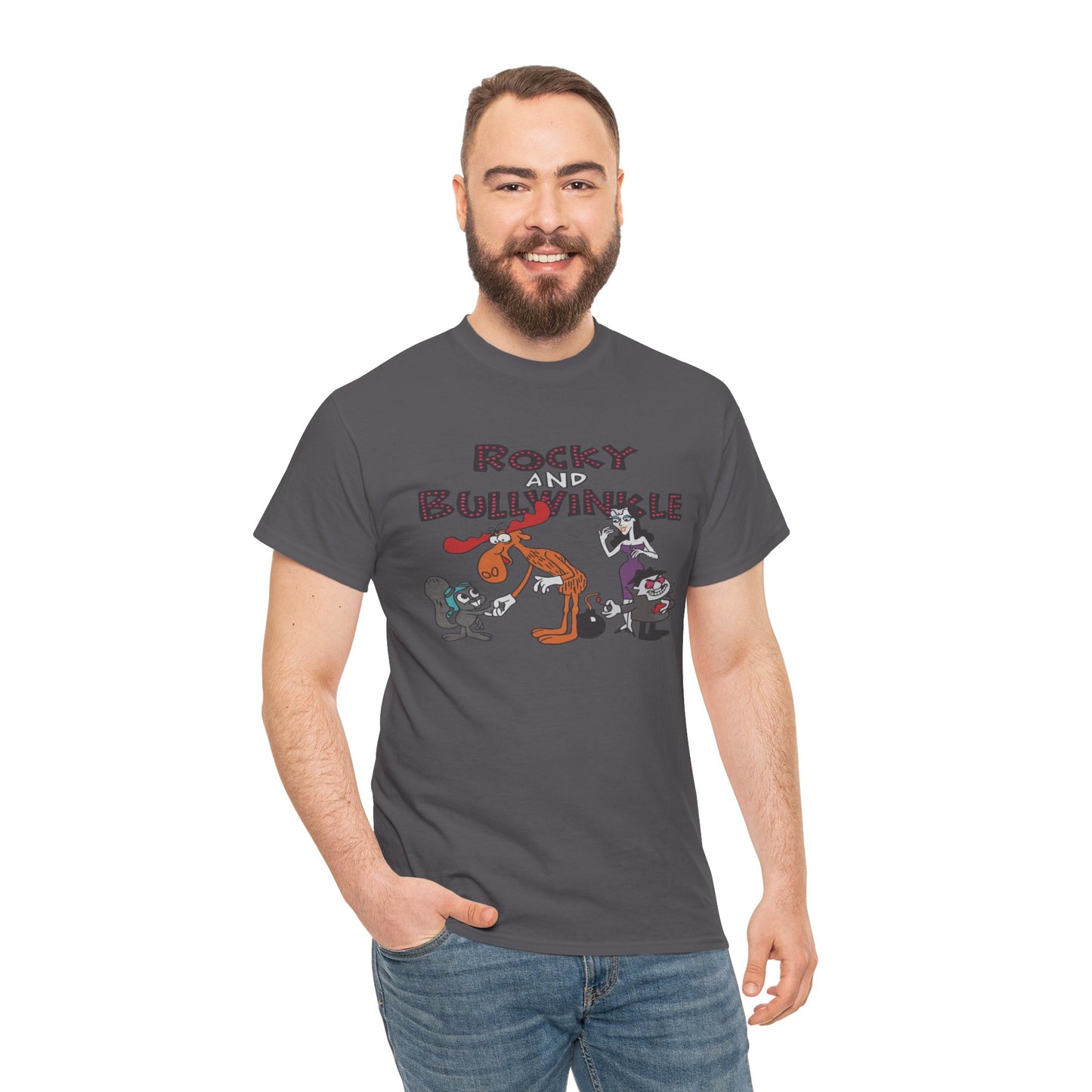 Rocky and Bullwinkle Unisex Heavy Cotton Tee, Retro Tee, Cartoon T-Shirt, Gift for Fans, Casual Wear, Unique Graphic Shirt