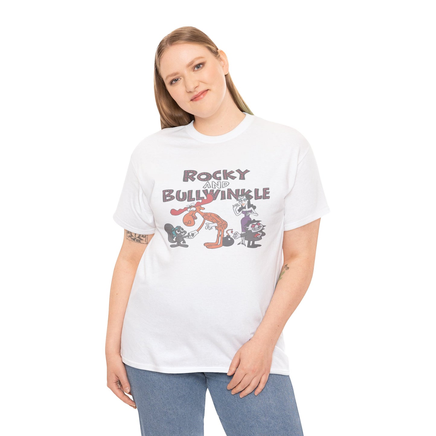 Rocky and Bullwinkle Unisex Heavy Cotton Tee, Retro Tee, Cartoon T-Shirt, Gift for Fans, Casual Wear, Unique Graphic Shirt