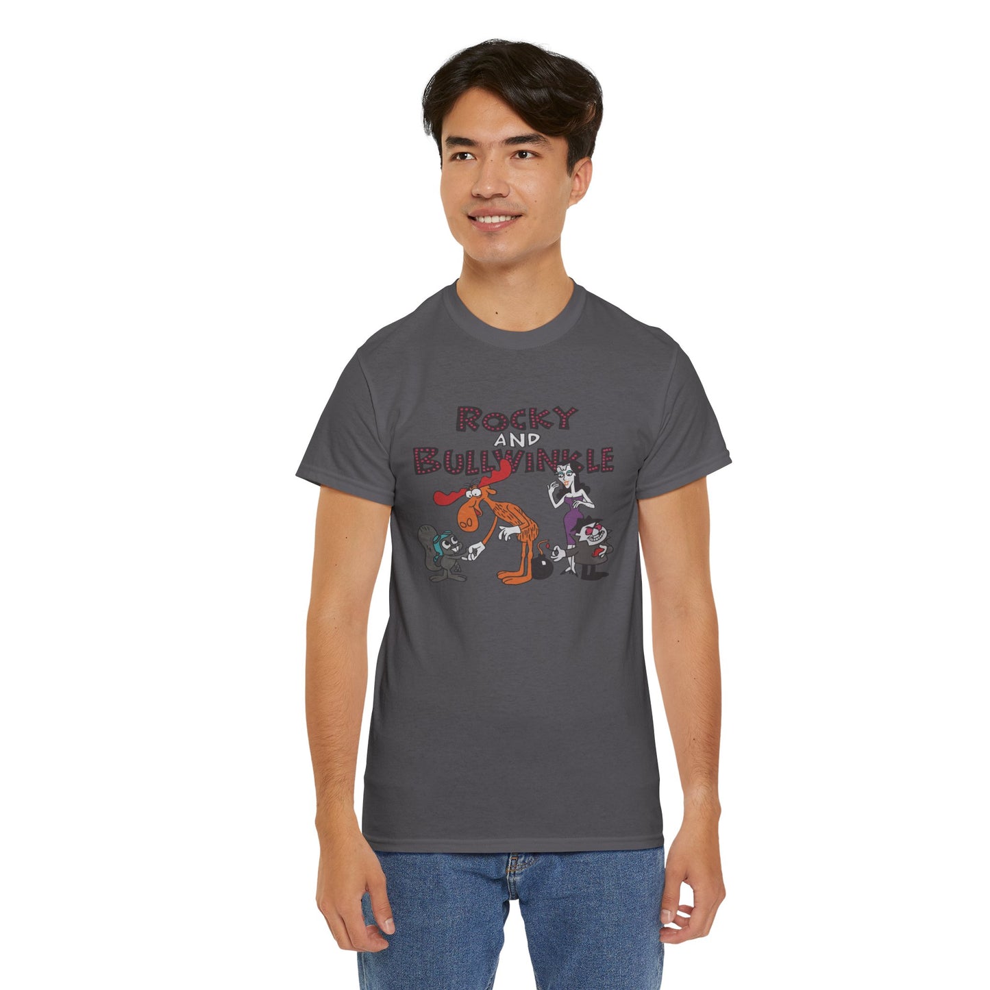 Rocky and Bullwinkle Unisex Heavy Cotton Tee, Retro Tee, Cartoon T-Shirt, Gift for Fans, Casual Wear, Unique Graphic Shirt