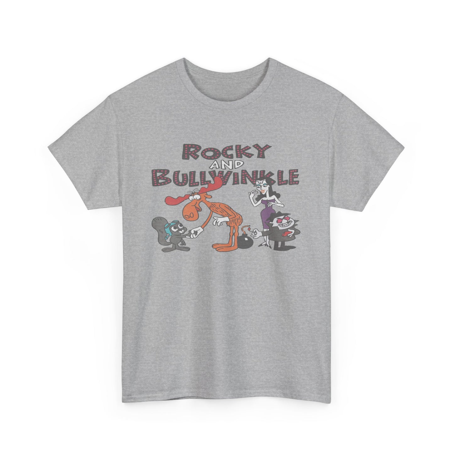 Rocky and Bullwinkle Unisex Heavy Cotton Tee, Retro Tee, Cartoon T-Shirt, Gift for Fans, Casual Wear, Unique Graphic Shirt
