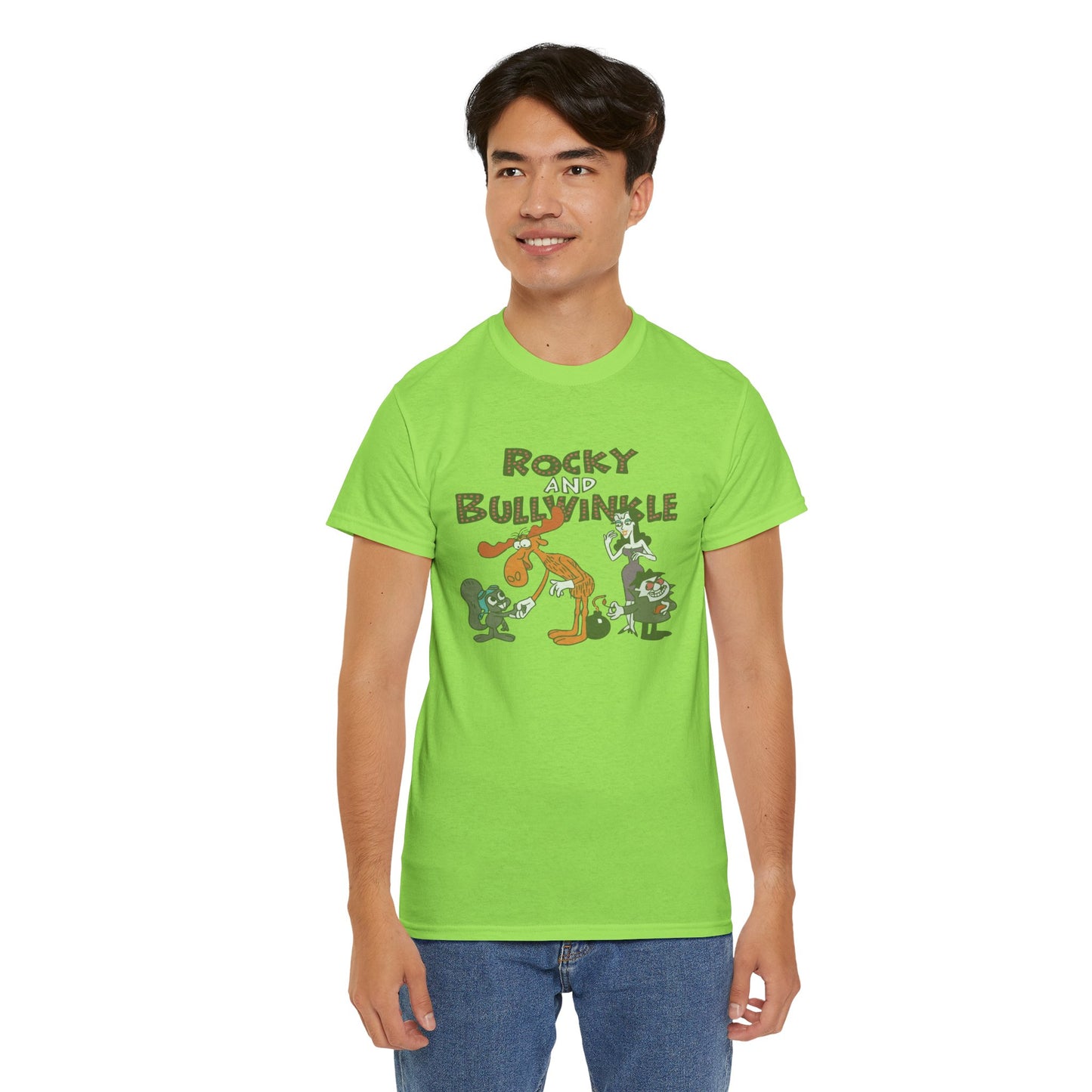 Rocky and Bullwinkle Unisex Heavy Cotton Tee, Retro Tee, Cartoon T-Shirt, Gift for Fans, Casual Wear, Unique Graphic Shirt