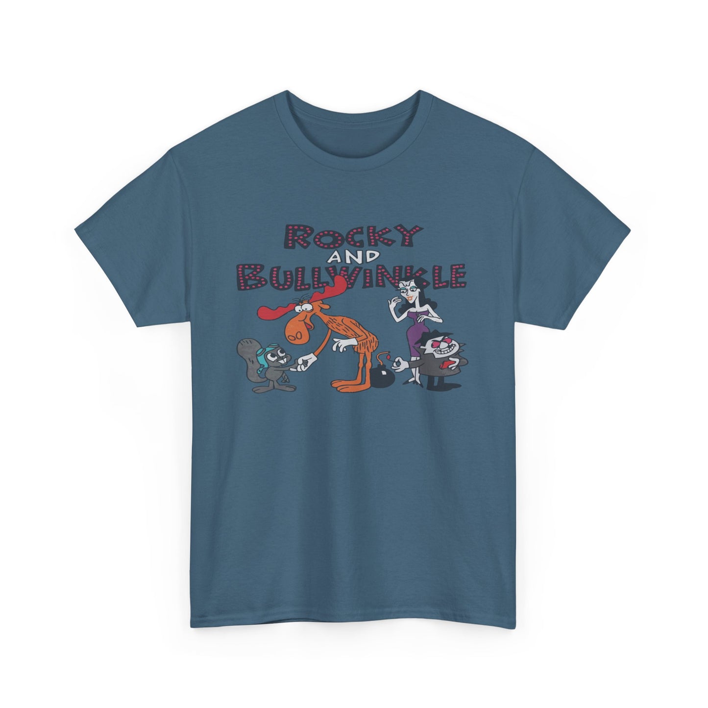 Rocky and Bullwinkle Unisex Heavy Cotton Tee, Retro Tee, Cartoon T-Shirt, Gift for Fans, Casual Wear, Unique Graphic Shirt