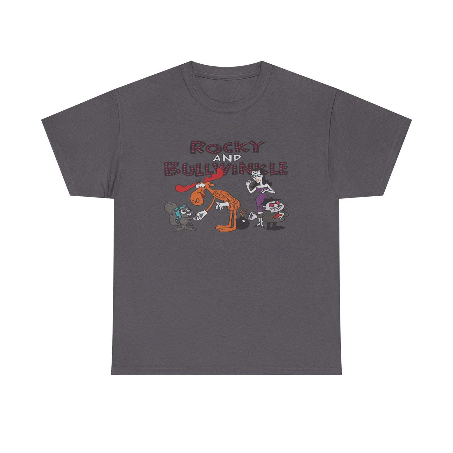 Rocky and Bullwinkle Unisex Heavy Cotton Tee, Retro Tee, Cartoon T-Shirt, Gift for Fans, Casual Wear, Unique Graphic Shirt