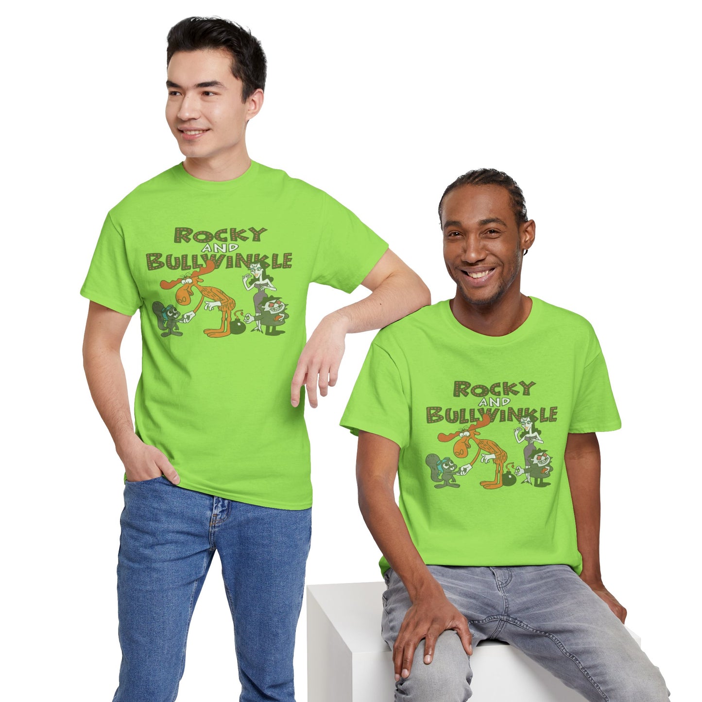 Rocky and Bullwinkle Unisex Heavy Cotton Tee, Retro Tee, Cartoon T-Shirt, Gift for Fans, Casual Wear, Unique Graphic Shirt