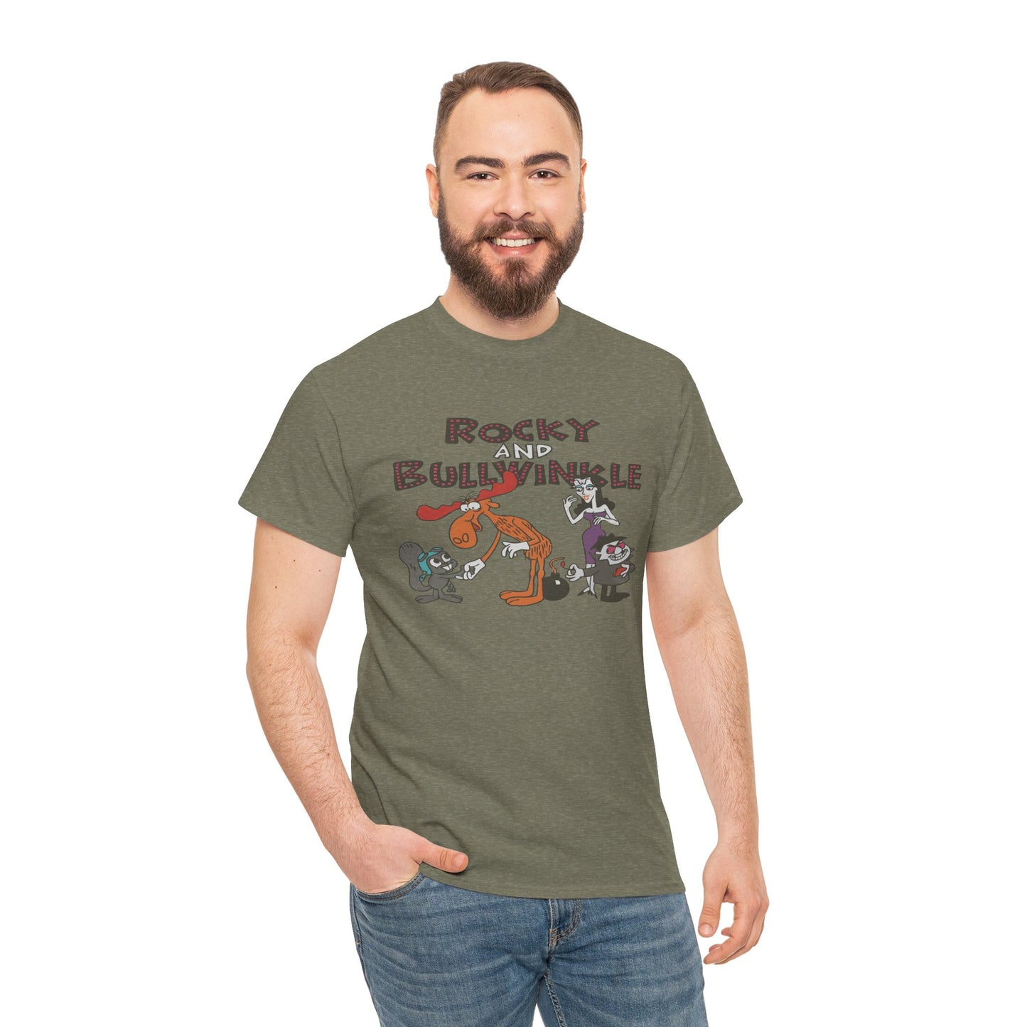 Rocky and Bullwinkle Unisex Heavy Cotton Tee, Retro Tee, Cartoon T-Shirt, Gift for Fans, Casual Wear, Unique Graphic Shirt
