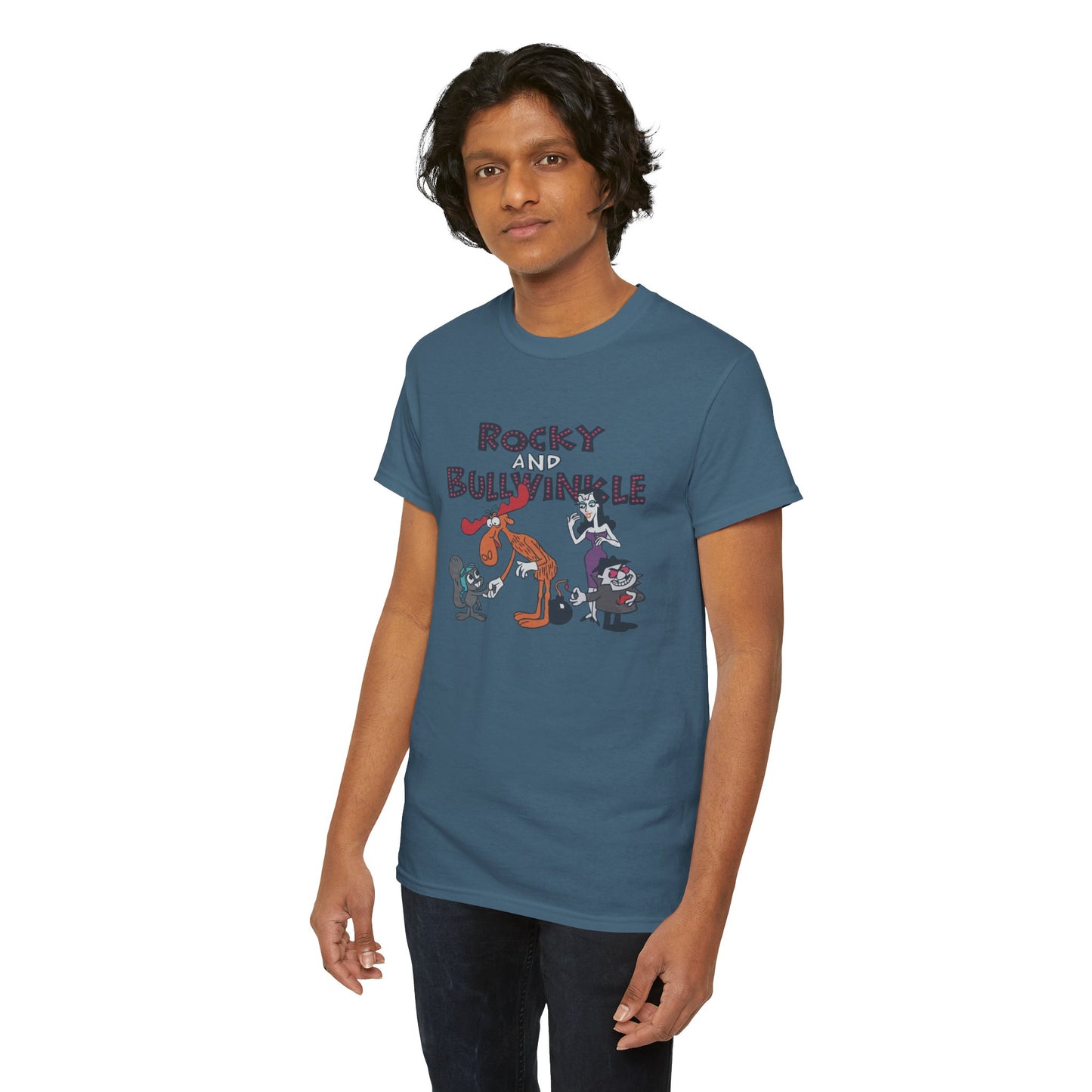 Rocky and Bullwinkle Unisex Heavy Cotton Tee, Retro Tee, Cartoon T-Shirt, Gift for Fans, Casual Wear, Unique Graphic Shirt