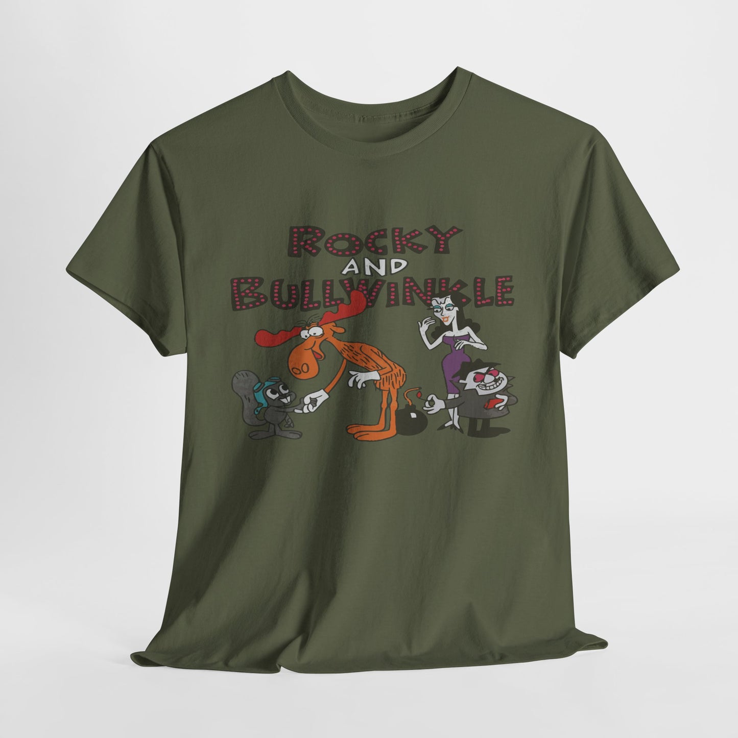 Rocky and Bullwinkle Unisex Heavy Cotton Tee, Retro Tee, Cartoon T-Shirt, Gift for Fans, Casual Wear, Unique Graphic Shirt