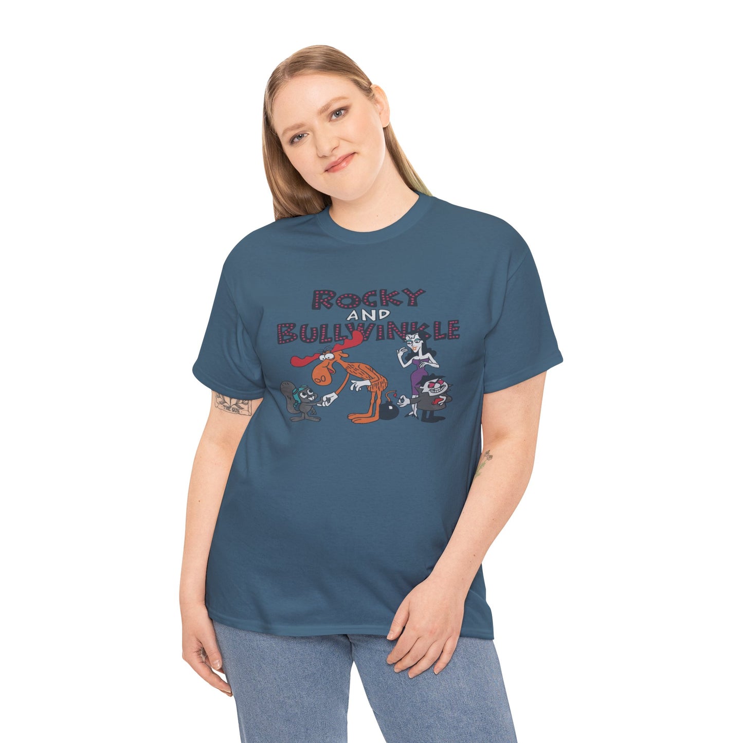 Rocky and Bullwinkle Unisex Heavy Cotton Tee, Retro Tee, Cartoon T-Shirt, Gift for Fans, Casual Wear, Unique Graphic Shirt