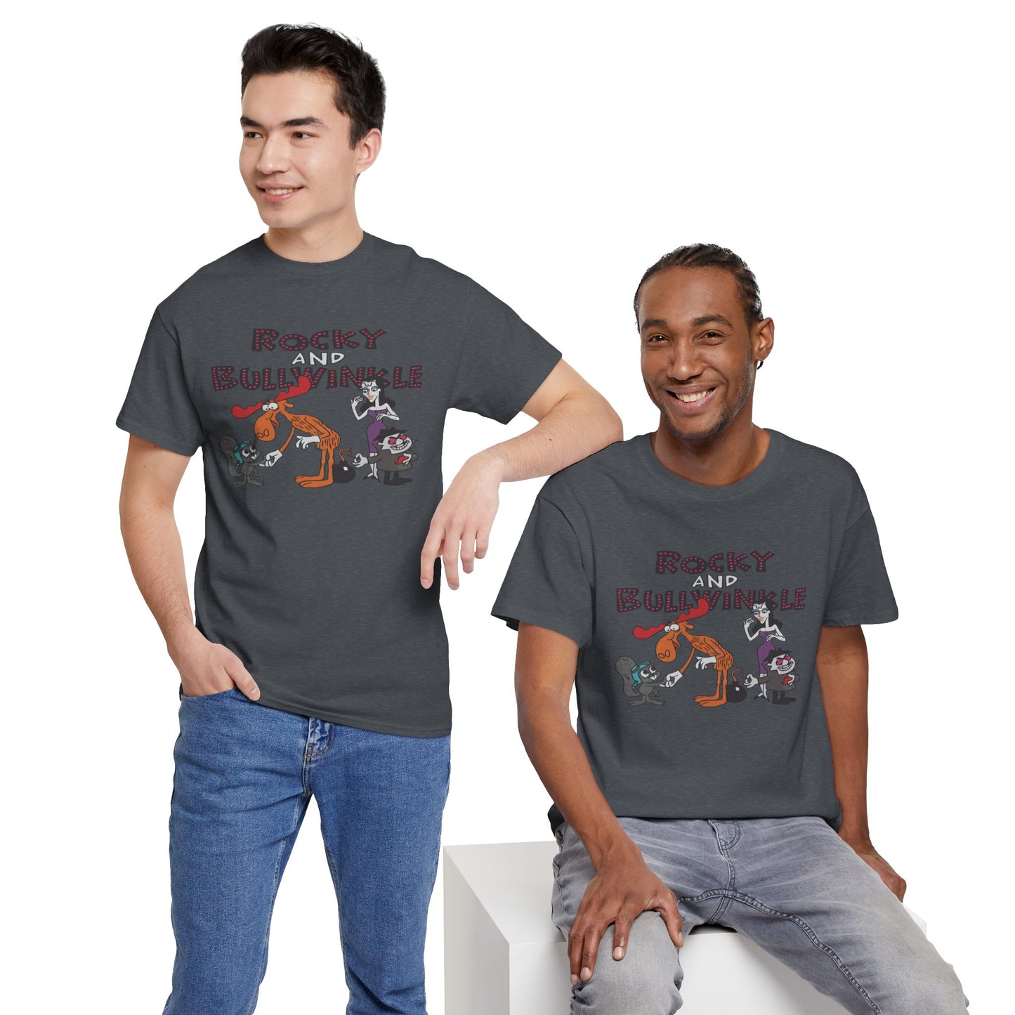 Rocky and Bullwinkle Unisex Heavy Cotton Tee, Retro Tee, Cartoon T-Shirt, Gift for Fans, Casual Wear, Unique Graphic Shirt
