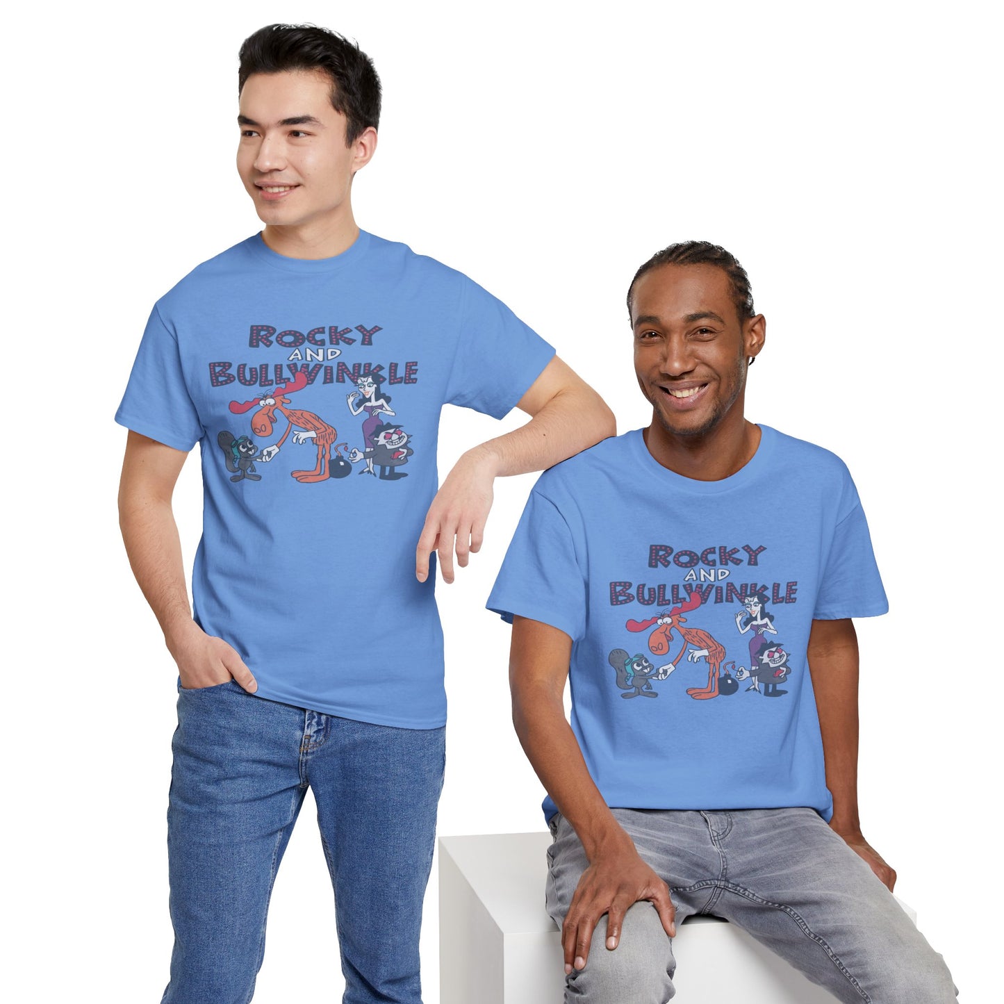 Rocky and Bullwinkle Unisex Heavy Cotton Tee, Retro Tee, Cartoon T-Shirt, Gift for Fans, Casual Wear, Unique Graphic Shirt