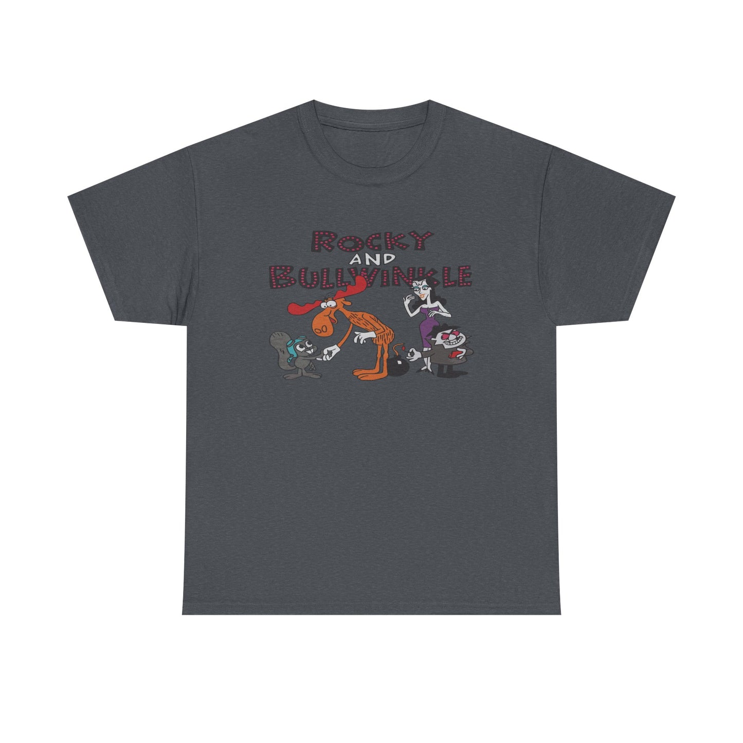 Rocky and Bullwinkle Unisex Heavy Cotton Tee, Retro Tee, Cartoon T-Shirt, Gift for Fans, Casual Wear, Unique Graphic Shirt