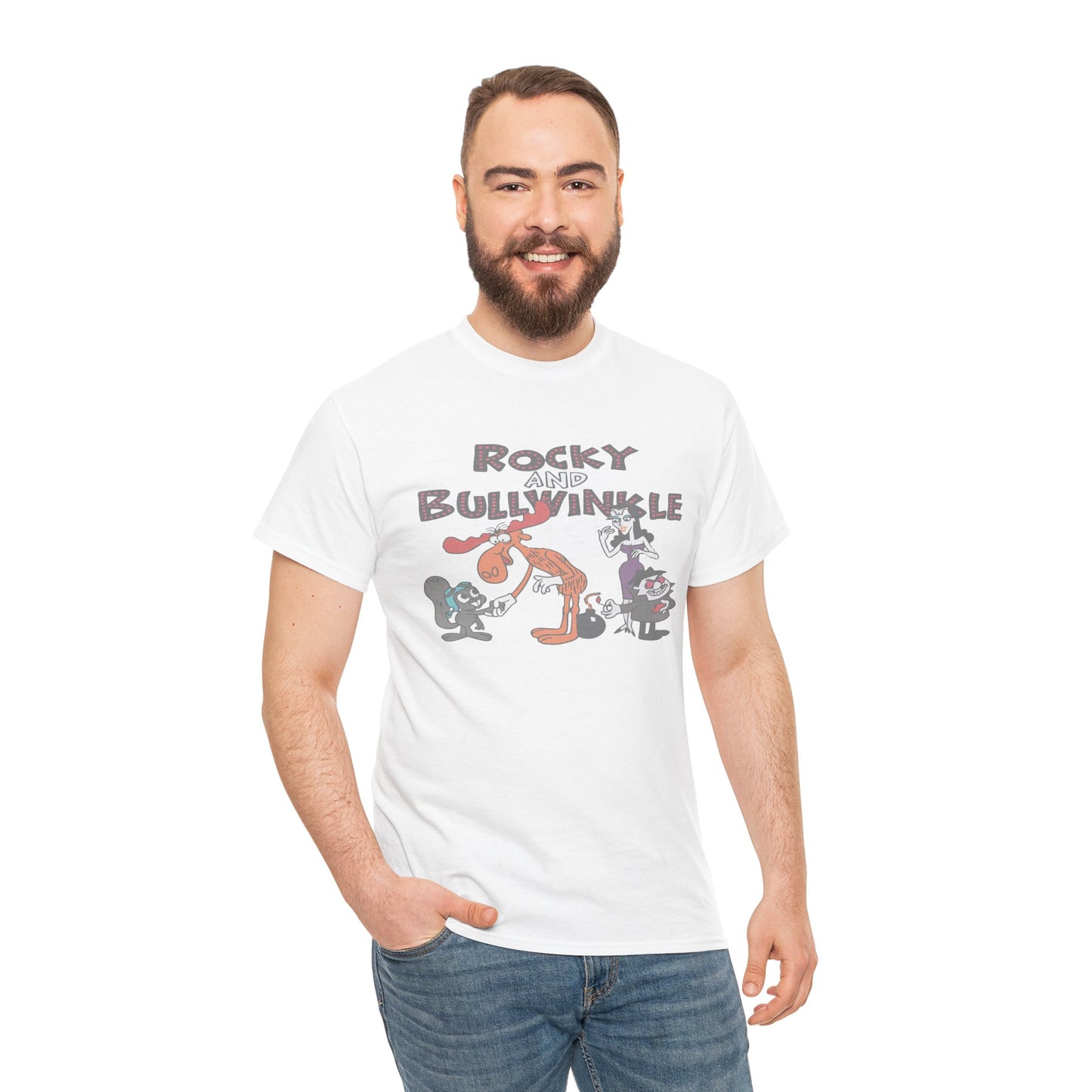 Rocky and Bullwinkle Unisex Heavy Cotton Tee, Retro Tee, Cartoon T-Shirt, Gift for Fans, Casual Wear, Unique Graphic Shirt
