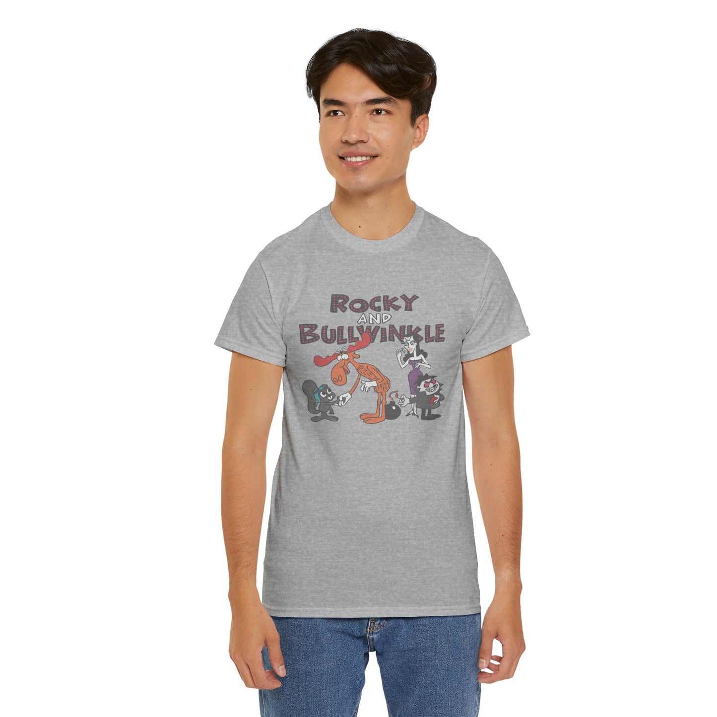 Rocky and Bullwinkle Unisex Heavy Cotton Tee, Retro Tee, Cartoon T-Shirt, Gift for Fans, Casual Wear, Unique Graphic Shirt