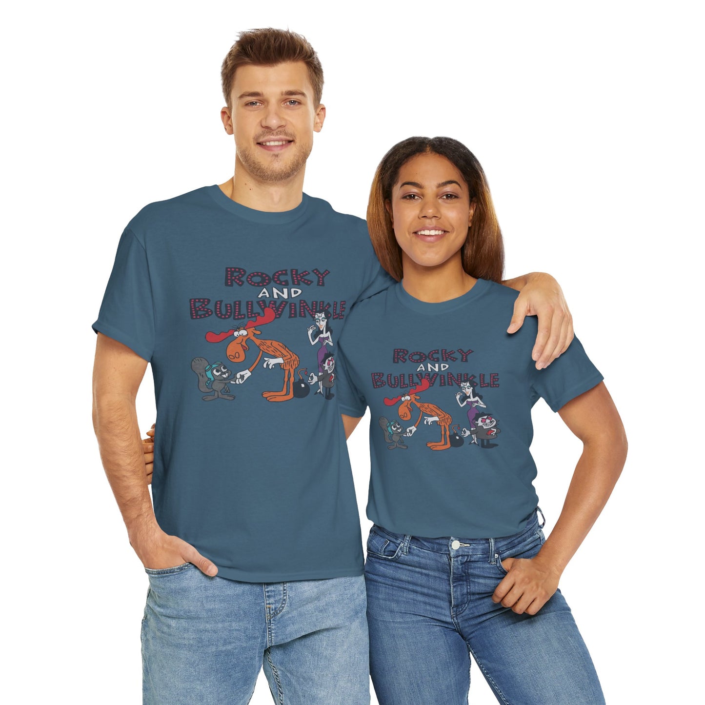Rocky and Bullwinkle Unisex Heavy Cotton Tee, Retro Tee, Cartoon T-Shirt, Gift for Fans, Casual Wear, Unique Graphic Shirt