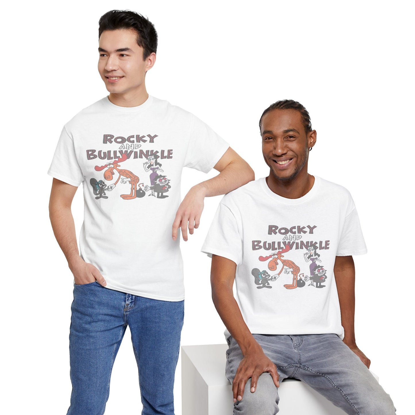 Rocky and Bullwinkle Unisex Heavy Cotton Tee, Retro Tee, Cartoon T-Shirt, Gift for Fans, Casual Wear, Unique Graphic Shirt