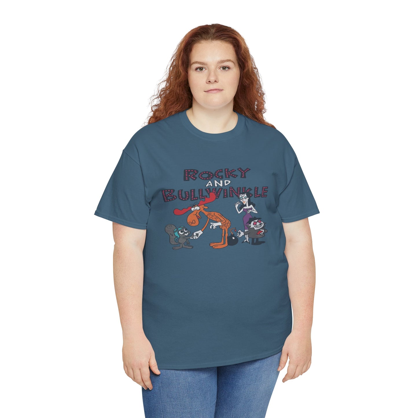 Rocky and Bullwinkle Unisex Heavy Cotton Tee, Retro Tee, Cartoon T-Shirt, Gift for Fans, Casual Wear, Unique Graphic Shirt