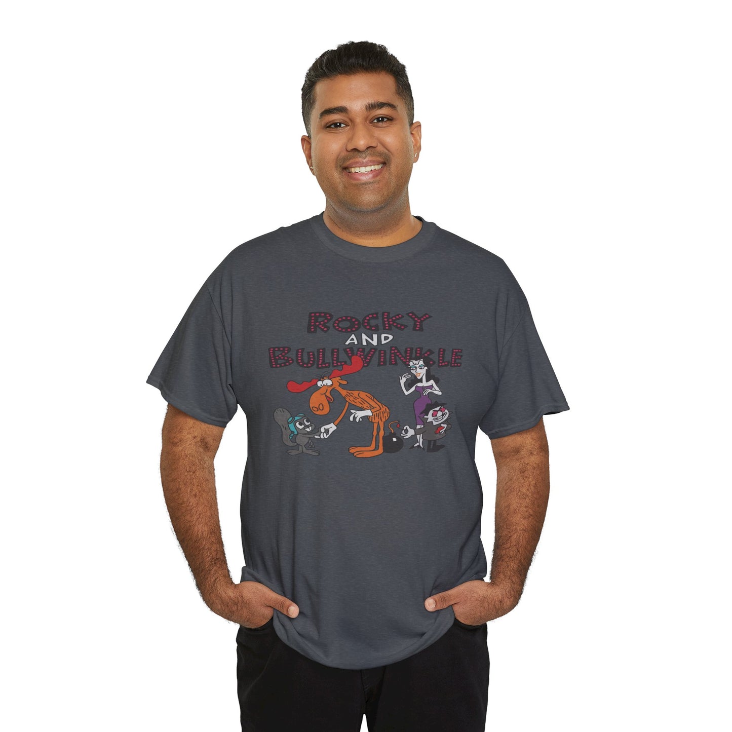 Rocky and Bullwinkle Unisex Heavy Cotton Tee, Retro Tee, Cartoon T-Shirt, Gift for Fans, Casual Wear, Unique Graphic Shirt