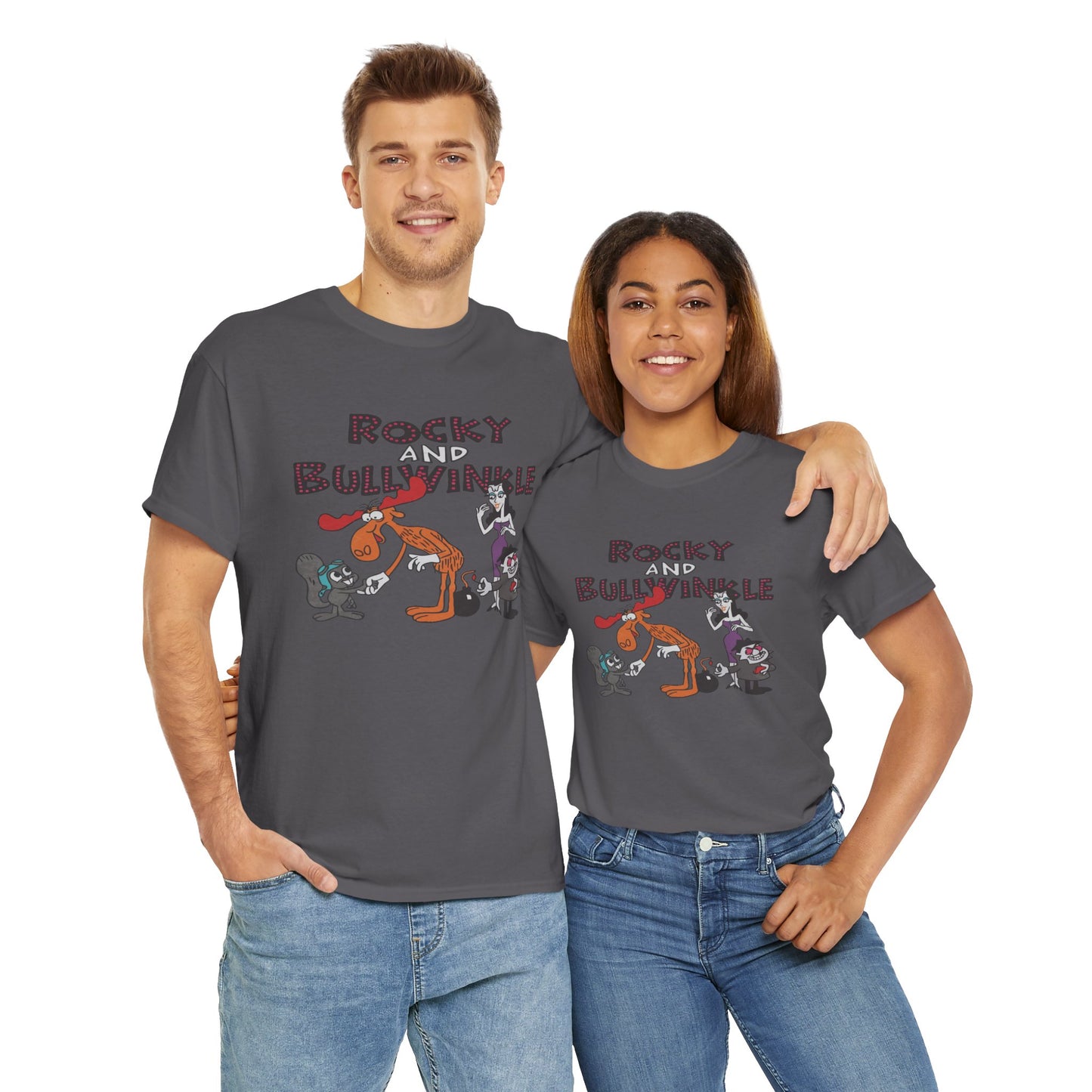 Rocky and Bullwinkle Unisex Heavy Cotton Tee, Retro Tee, Cartoon T-Shirt, Gift for Fans, Casual Wear, Unique Graphic Shirt