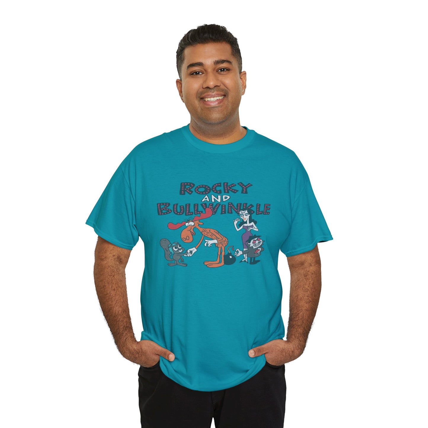 Rocky and Bullwinkle Unisex Heavy Cotton Tee, Retro Tee, Cartoon T-Shirt, Gift for Fans, Casual Wear, Unique Graphic Shirt