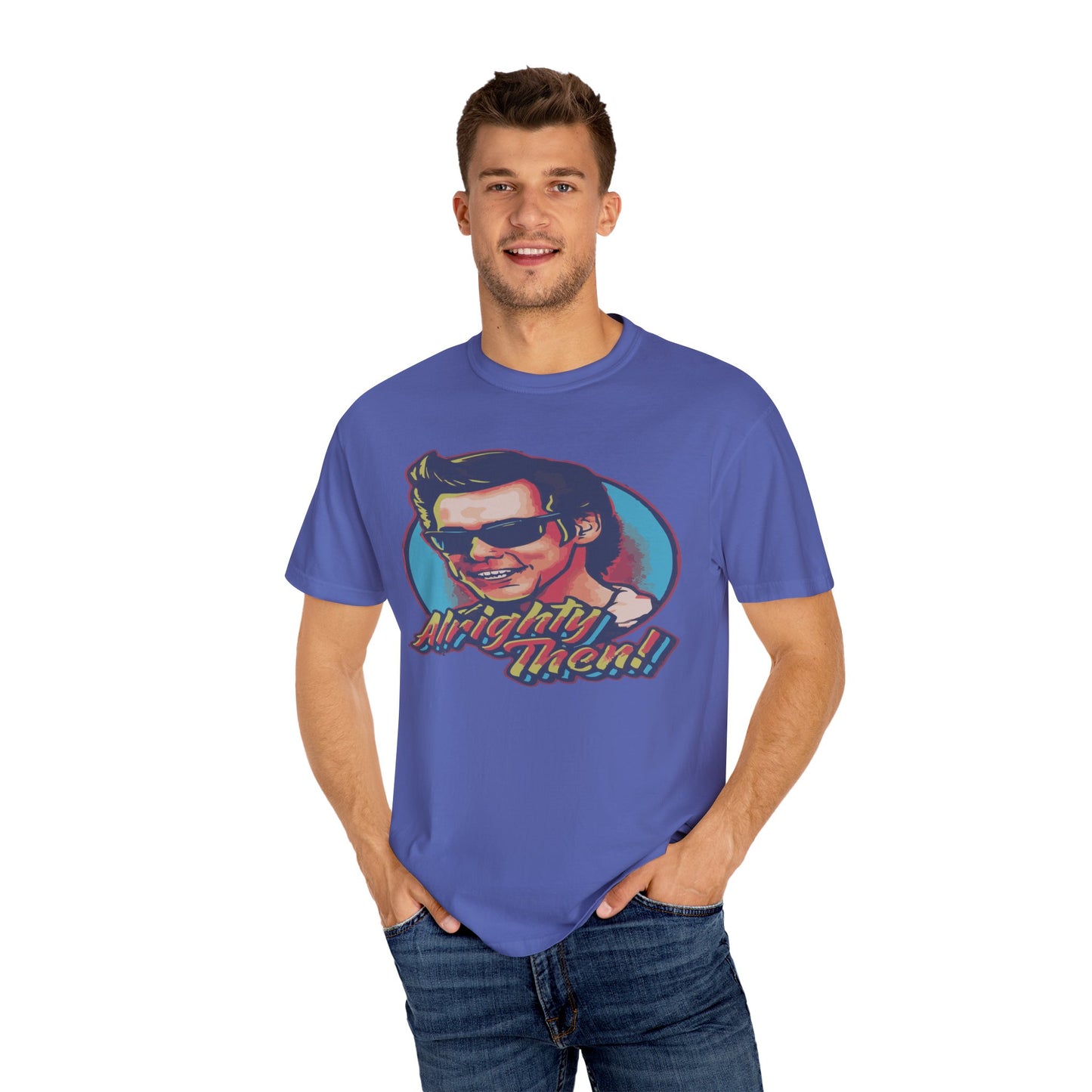 Retro Graphic T-Shirt, Unisex Garment-Dyed Tee, Vintage Style Shirt, Alright Men! Humor Top, Casual Apparel for All Occasions