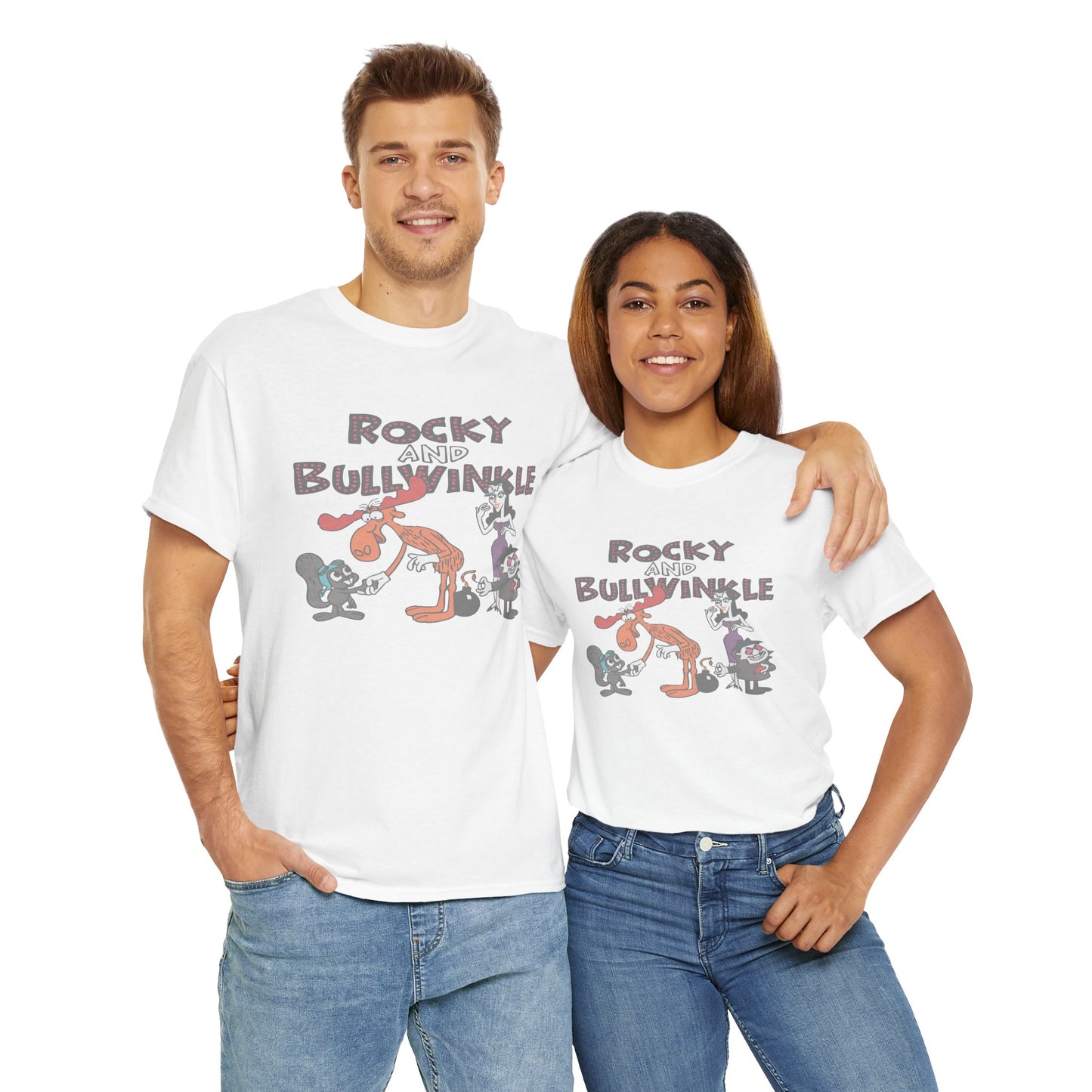 Rocky and Bullwinkle Unisex Heavy Cotton Tee, Retro Tee, Cartoon T-Shirt, Gift for Fans, Casual Wear, Unique Graphic Shirt
