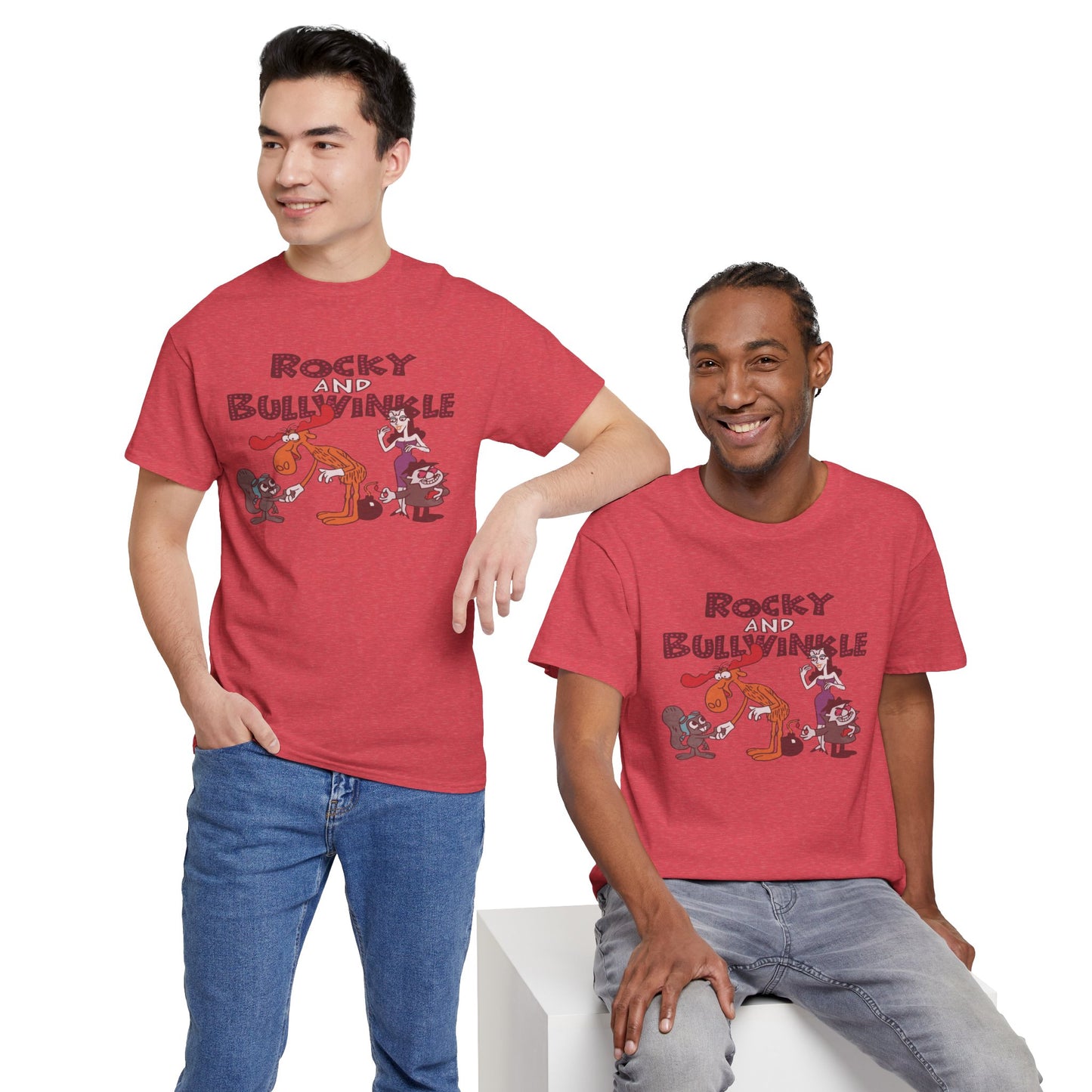 Rocky and Bullwinkle Unisex Heavy Cotton Tee, Retro Tee, Cartoon T-Shirt, Gift for Fans, Casual Wear, Unique Graphic Shirt