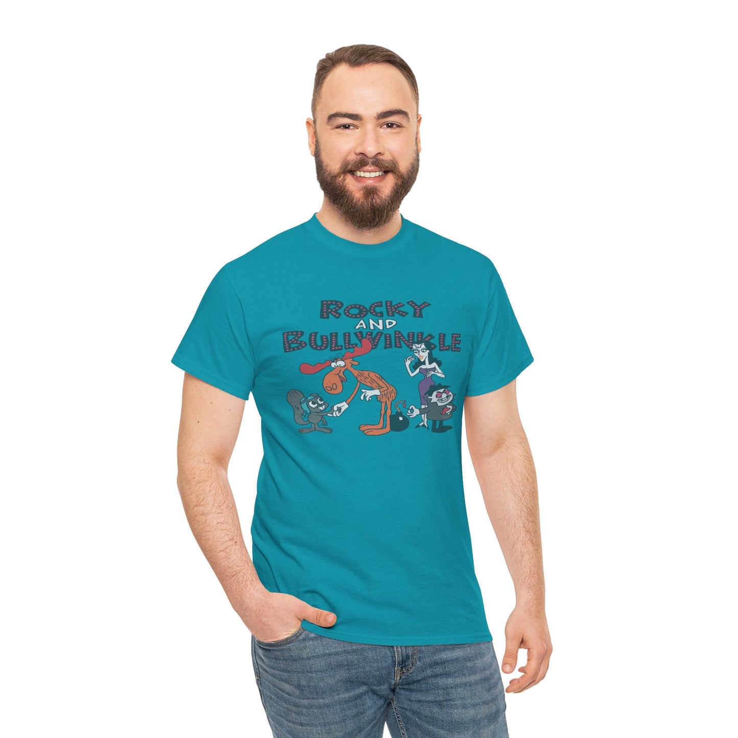 Rocky and Bullwinkle Unisex Heavy Cotton Tee, Retro Tee, Cartoon T-Shirt, Gift for Fans, Casual Wear, Unique Graphic Shirt