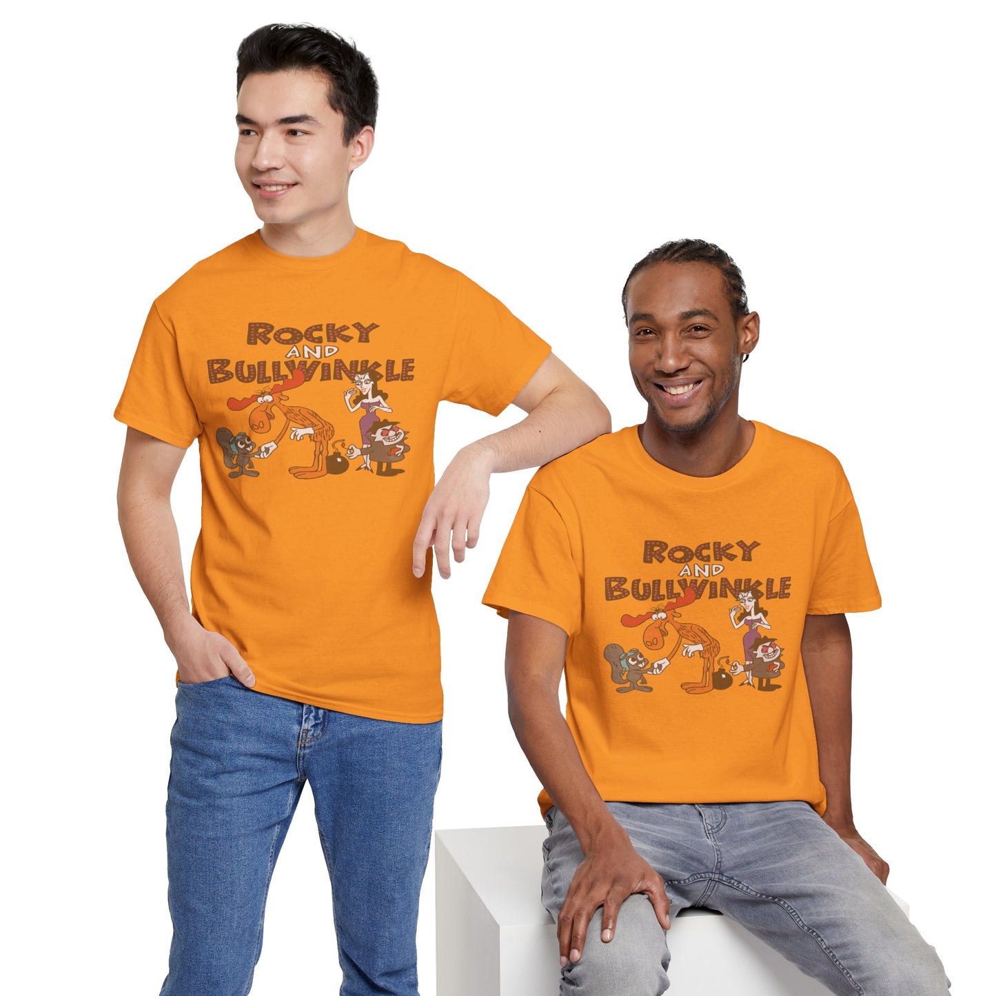 Rocky and Bullwinkle Unisex Heavy Cotton Tee, Retro Tee, Cartoon T-Shirt, Gift for Fans, Casual Wear, Unique Graphic Shirt