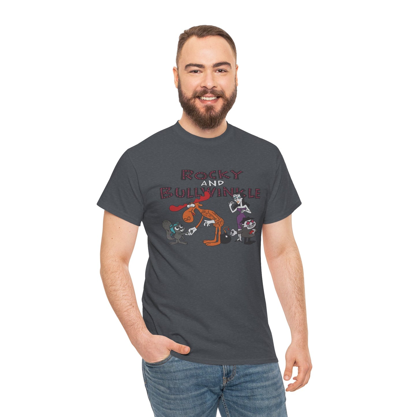 Rocky and Bullwinkle Unisex Heavy Cotton Tee, Retro Tee, Cartoon T-Shirt, Gift for Fans, Casual Wear, Unique Graphic Shirt