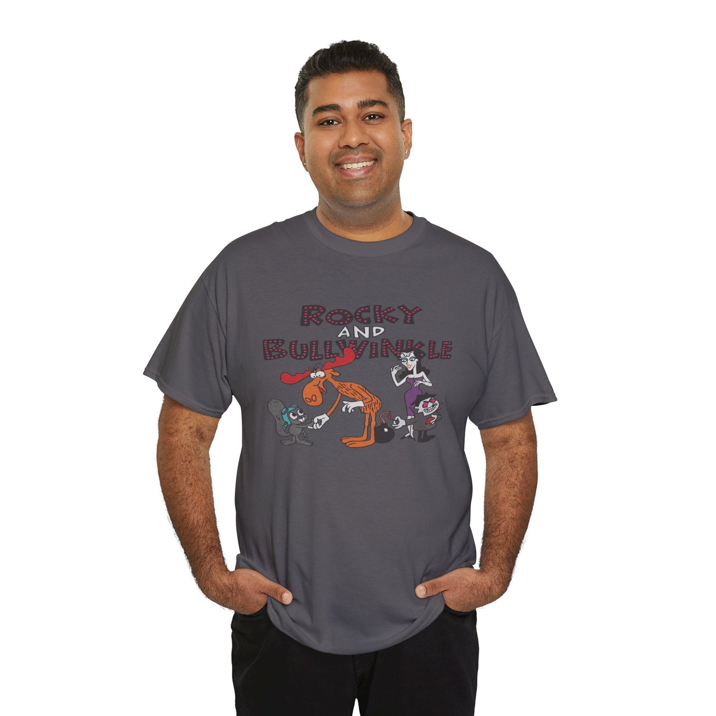 Rocky and Bullwinkle Unisex Heavy Cotton Tee, Retro Tee, Cartoon T-Shirt, Gift for Fans, Casual Wear, Unique Graphic Shirt