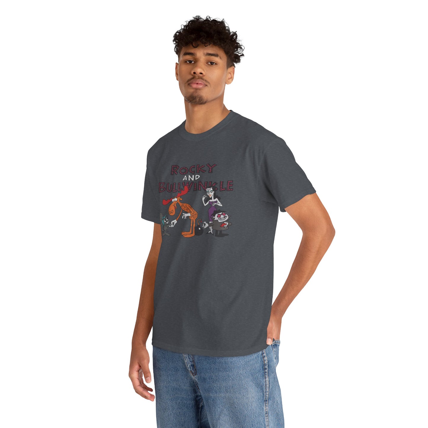 Rocky and Bullwinkle Unisex Heavy Cotton Tee, Retro Tee, Cartoon T-Shirt, Gift for Fans, Casual Wear, Unique Graphic Shirt