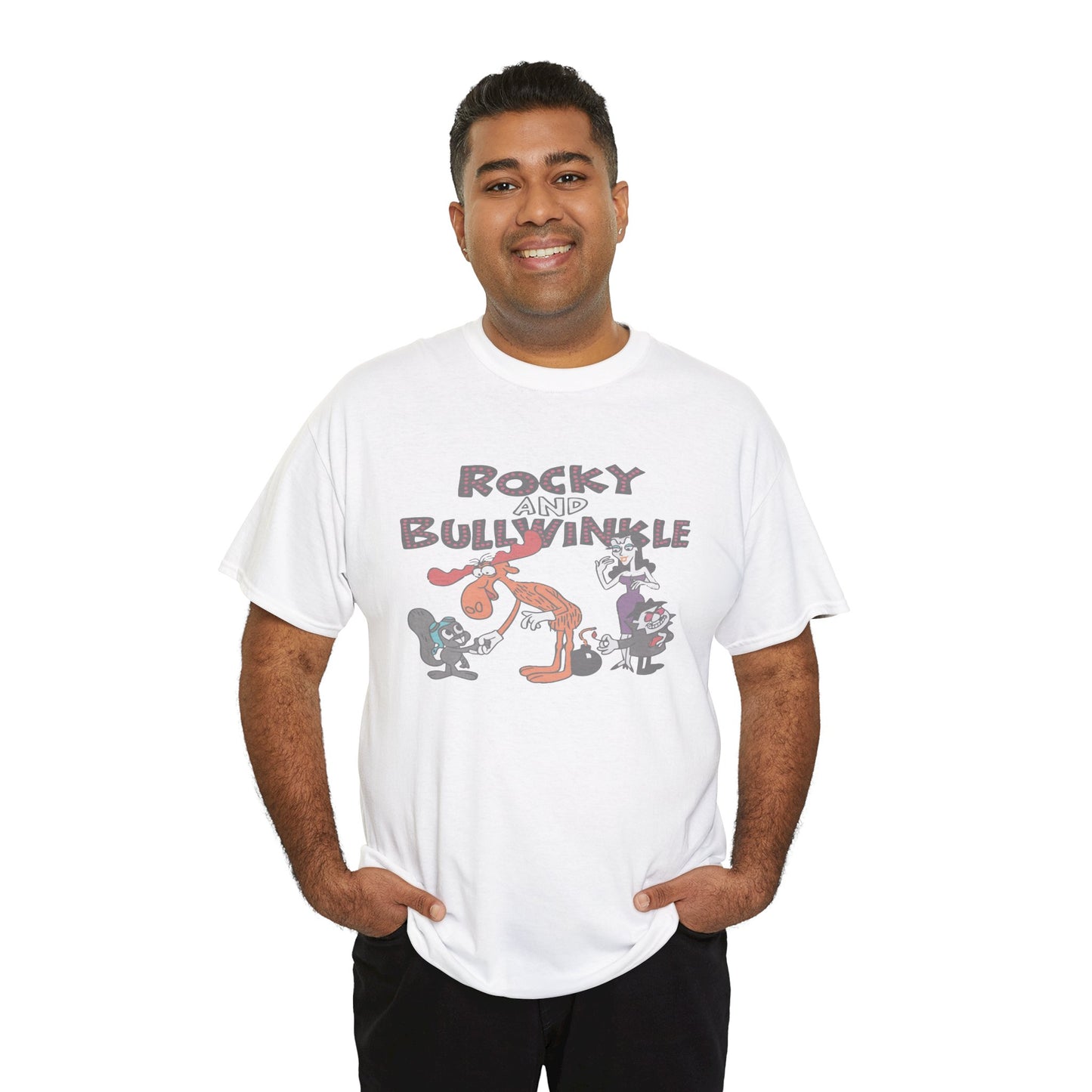Rocky and Bullwinkle Unisex Heavy Cotton Tee, Retro Tee, Cartoon T-Shirt, Gift for Fans, Casual Wear, Unique Graphic Shirt