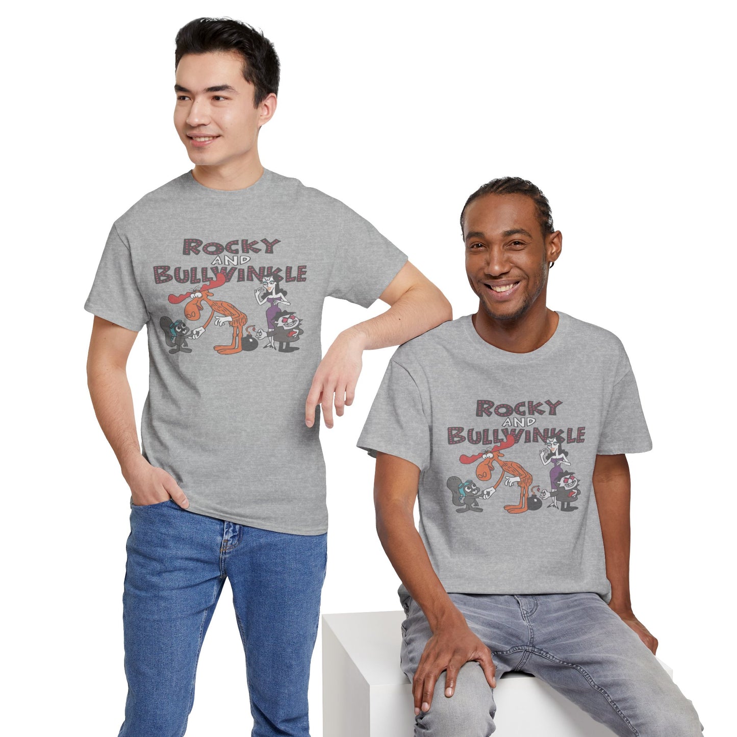 Rocky and Bullwinkle Unisex Heavy Cotton Tee, Retro Tee, Cartoon T-Shirt, Gift for Fans, Casual Wear, Unique Graphic Shirt