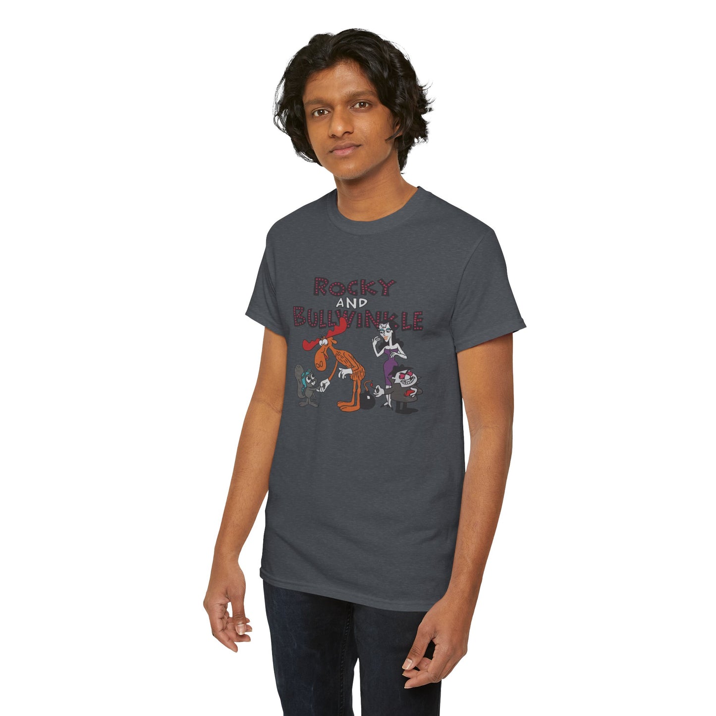 Rocky and Bullwinkle Unisex Heavy Cotton Tee, Retro Tee, Cartoon T-Shirt, Gift for Fans, Casual Wear, Unique Graphic Shirt