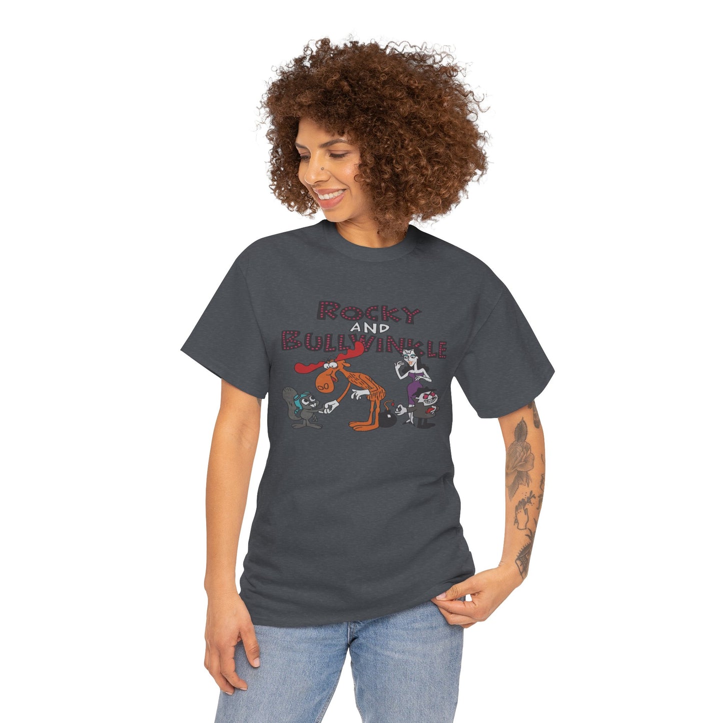Rocky and Bullwinkle Unisex Heavy Cotton Tee, Retro Tee, Cartoon T-Shirt, Gift for Fans, Casual Wear, Unique Graphic Shirt