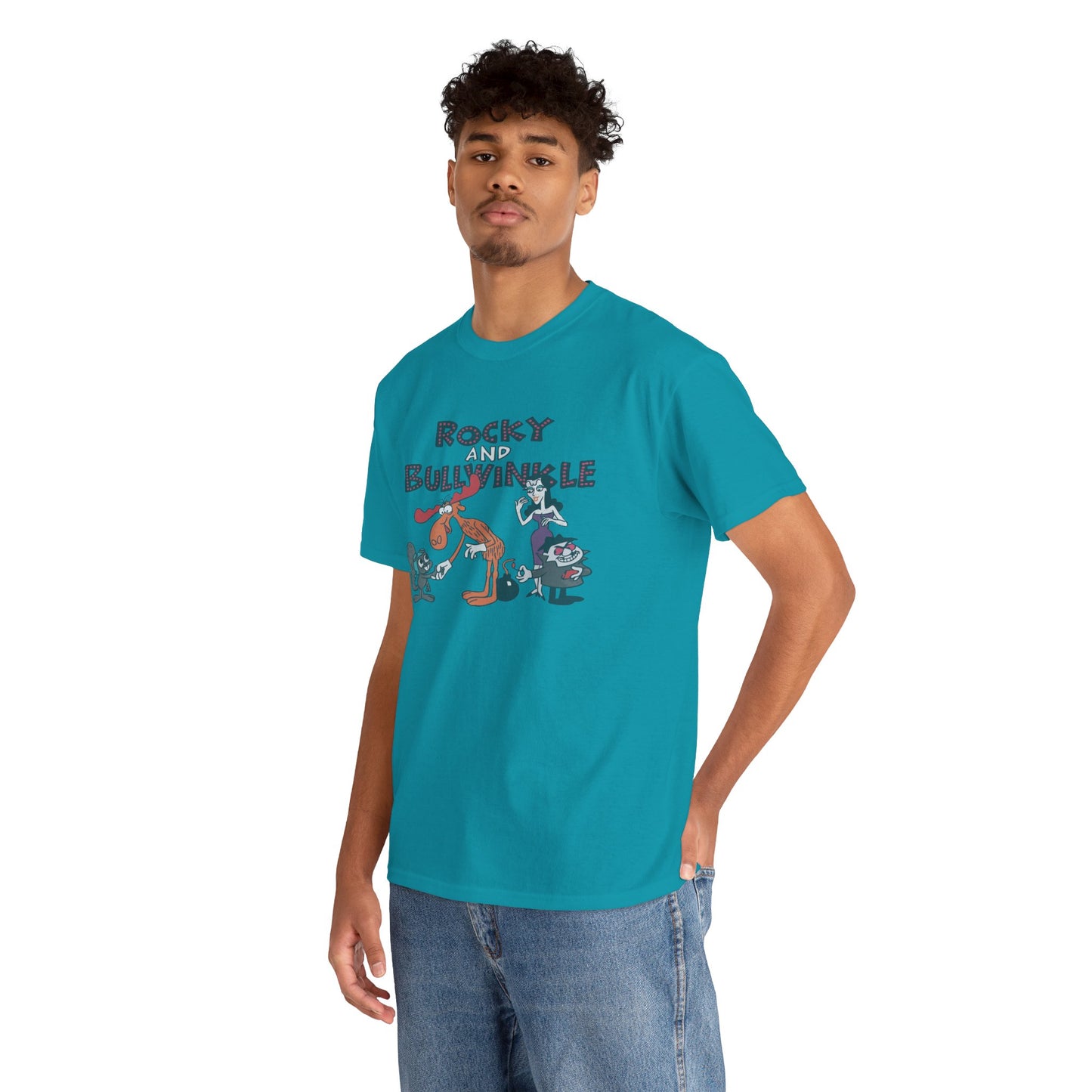 Rocky and Bullwinkle Unisex Heavy Cotton Tee, Retro Tee, Cartoon T-Shirt, Gift for Fans, Casual Wear, Unique Graphic Shirt