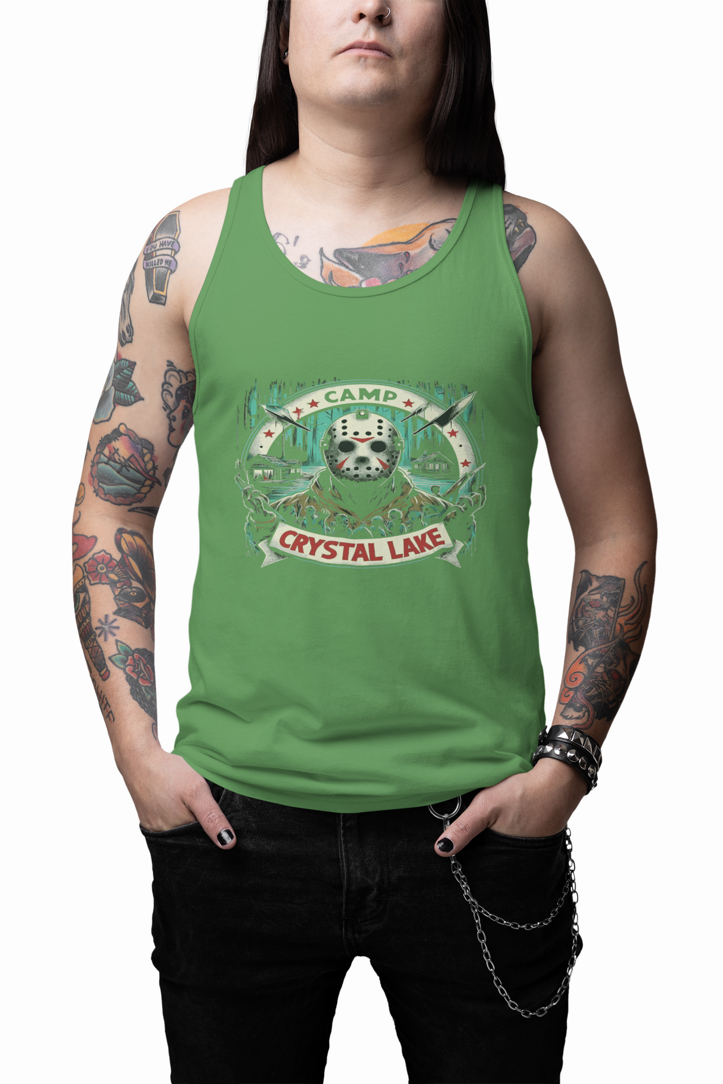 Camp Crystal Lake Unisex Jersey Tank Top, Horror fan gift, Summer casual wear, Outdoor graphic tank, Movie-themed apparel