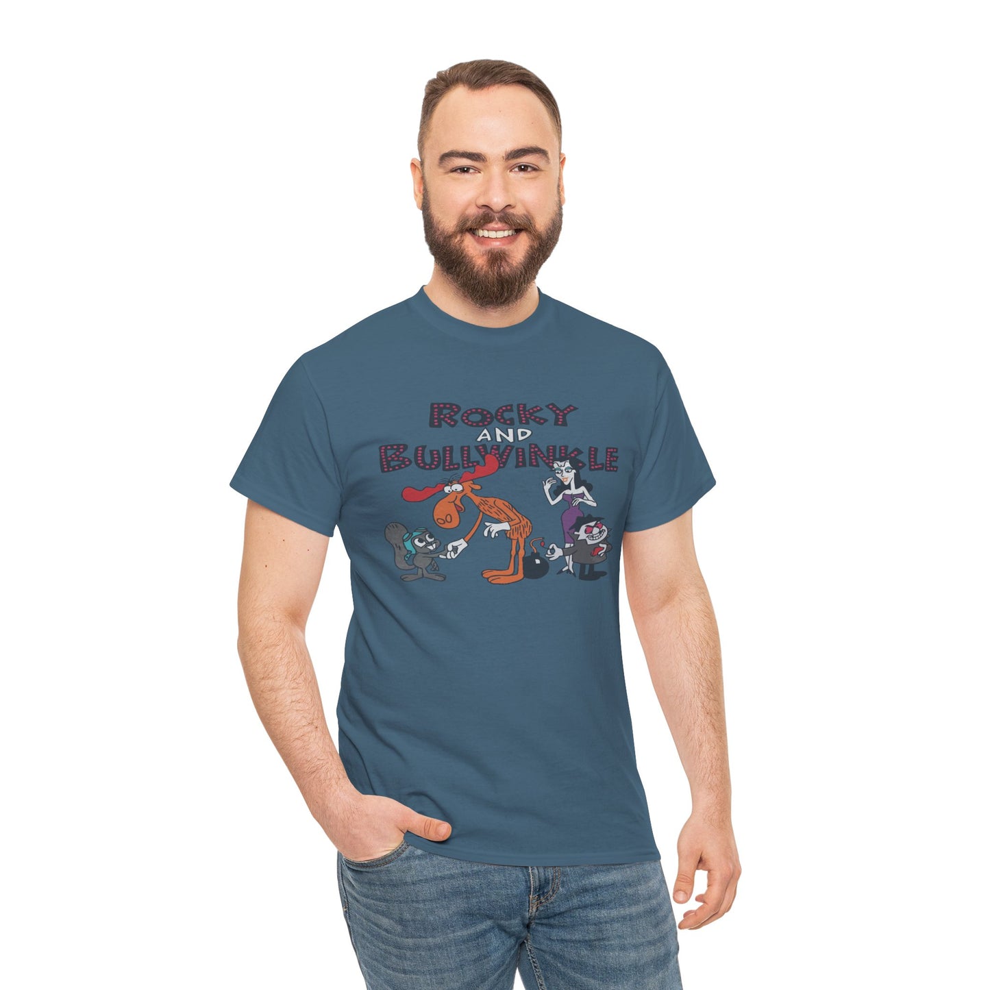 Rocky and Bullwinkle Unisex Heavy Cotton Tee, Retro Tee, Cartoon T-Shirt, Gift for Fans, Casual Wear, Unique Graphic Shirt