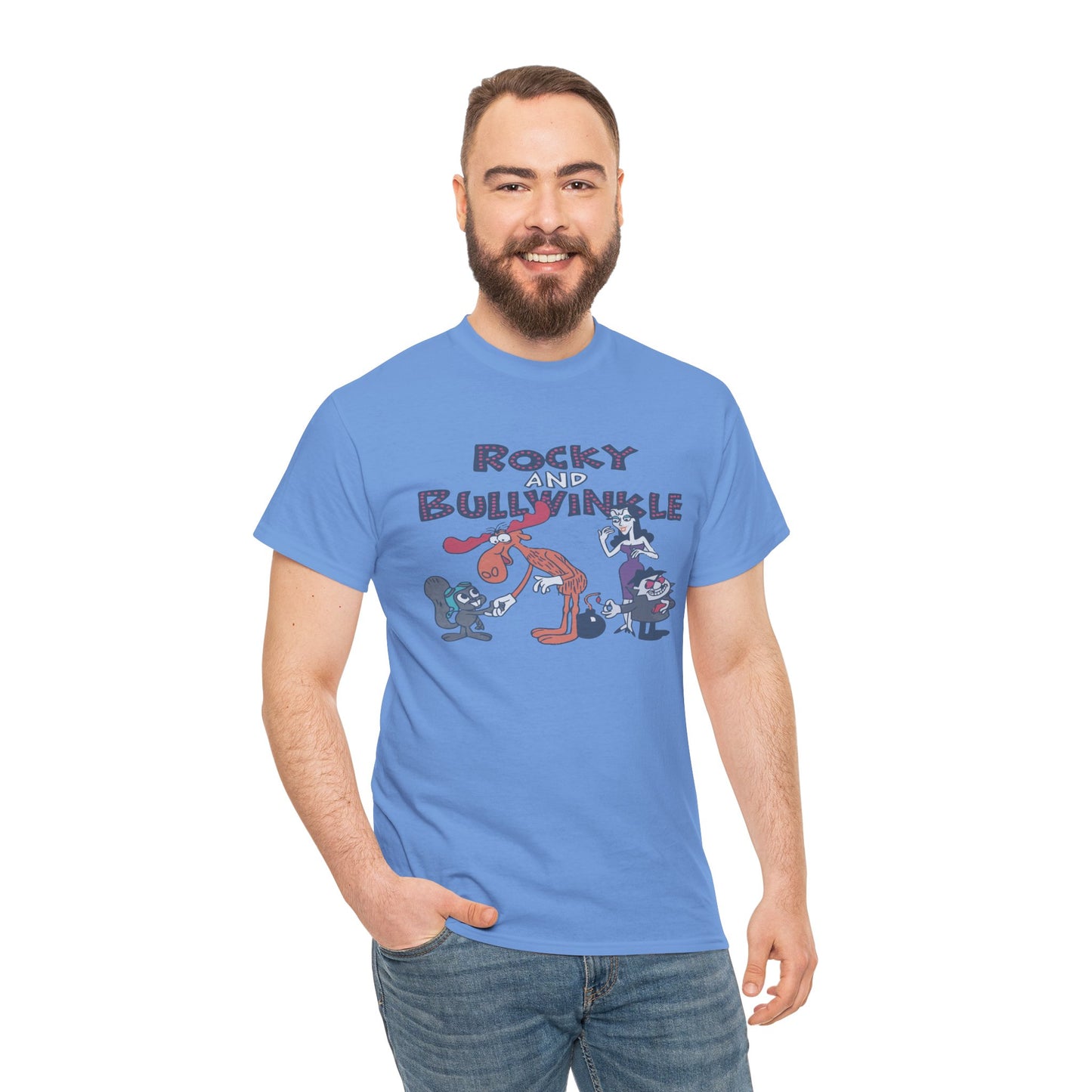 Rocky and Bullwinkle Unisex Heavy Cotton Tee, Retro Tee, Cartoon T-Shirt, Gift for Fans, Casual Wear, Unique Graphic Shirt