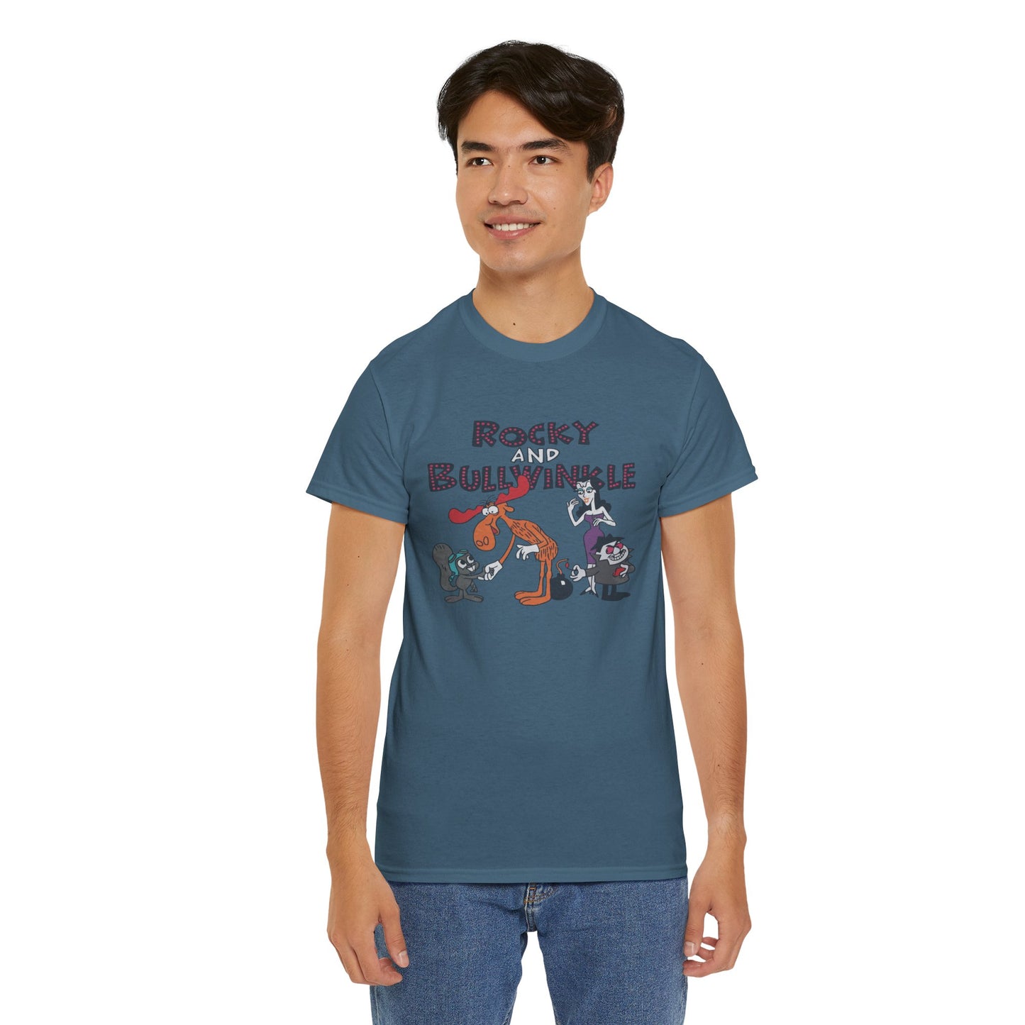 Rocky and Bullwinkle Unisex Heavy Cotton Tee, Retro Tee, Cartoon T-Shirt, Gift for Fans, Casual Wear, Unique Graphic Shirt