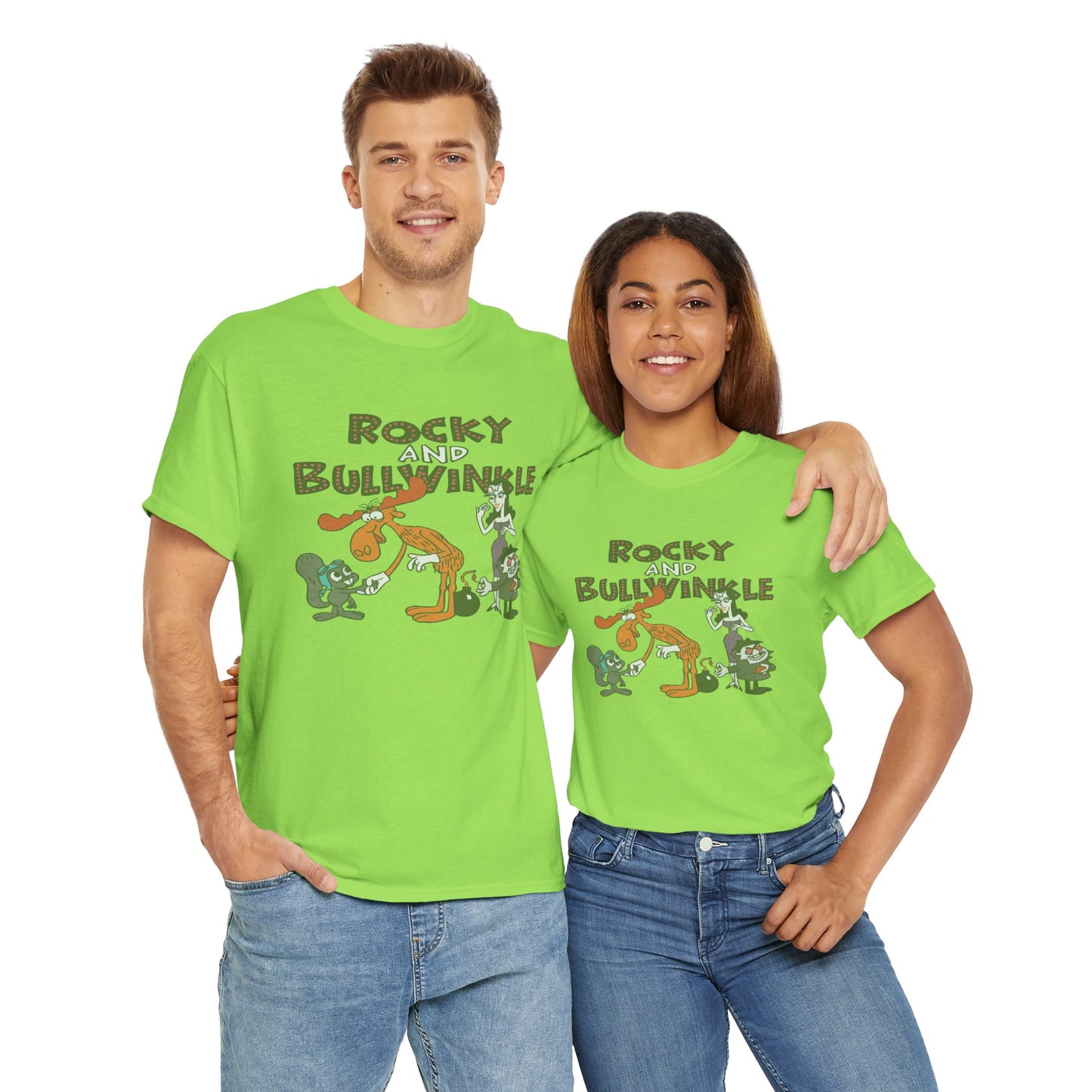 Rocky and Bullwinkle Unisex Heavy Cotton Tee, Retro Tee, Cartoon T-Shirt, Gift for Fans, Casual Wear, Unique Graphic Shirt