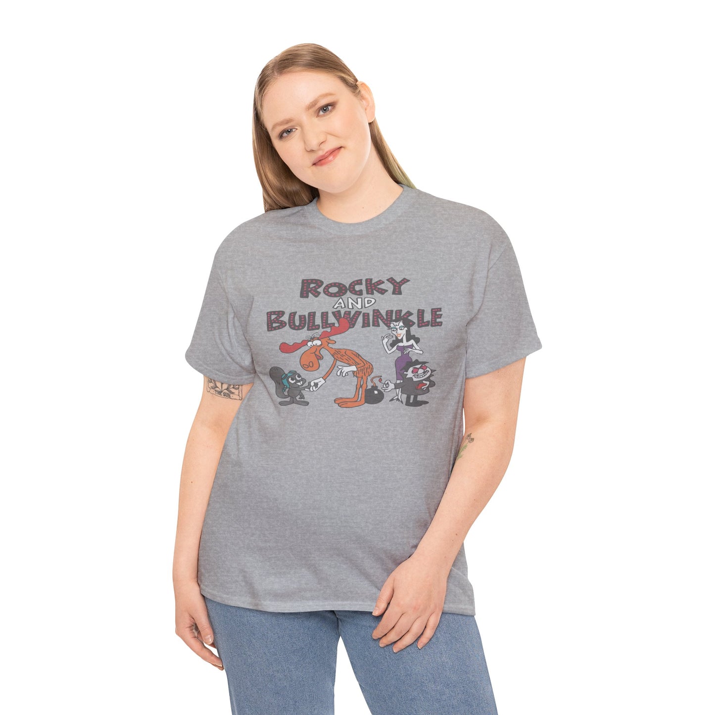 Rocky and Bullwinkle Unisex Heavy Cotton Tee, Retro Tee, Cartoon T-Shirt, Gift for Fans, Casual Wear, Unique Graphic Shirt