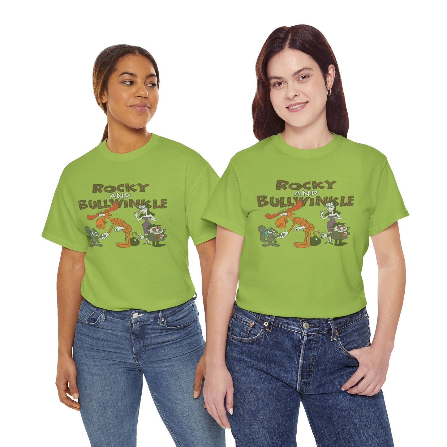Rocky and Bullwinkle Unisex Heavy Cotton Tee, Retro Tee, Cartoon T-Shirt, Gift for Fans, Casual Wear, Unique Graphic Shirt