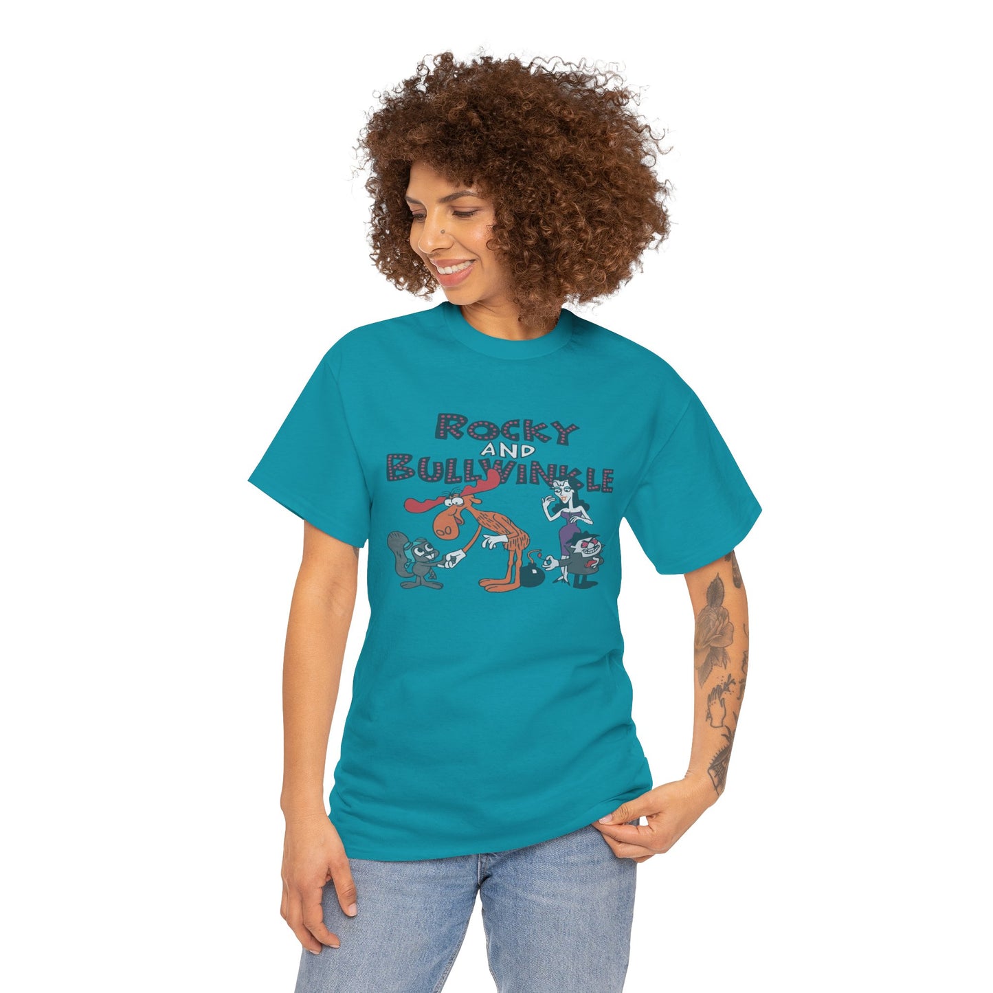 Rocky and Bullwinkle Unisex Heavy Cotton Tee, Retro Tee, Cartoon T-Shirt, Gift for Fans, Casual Wear, Unique Graphic Shirt